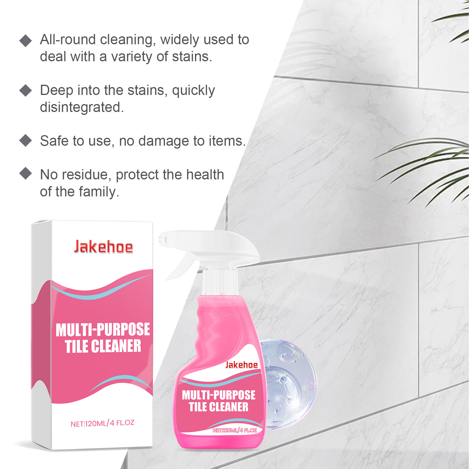 Tile cleaner beside bright tiled wall after cleaning