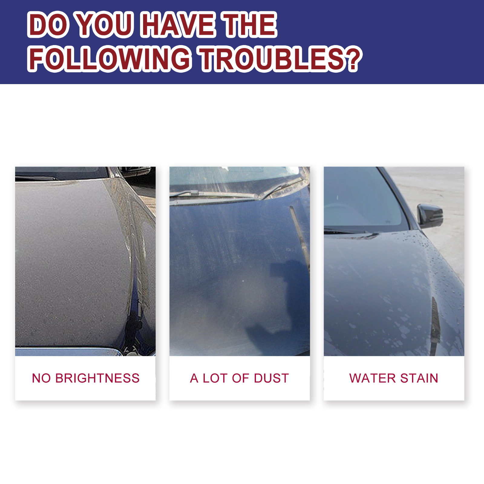 Automotive paint panels showing dust and water stain concerns