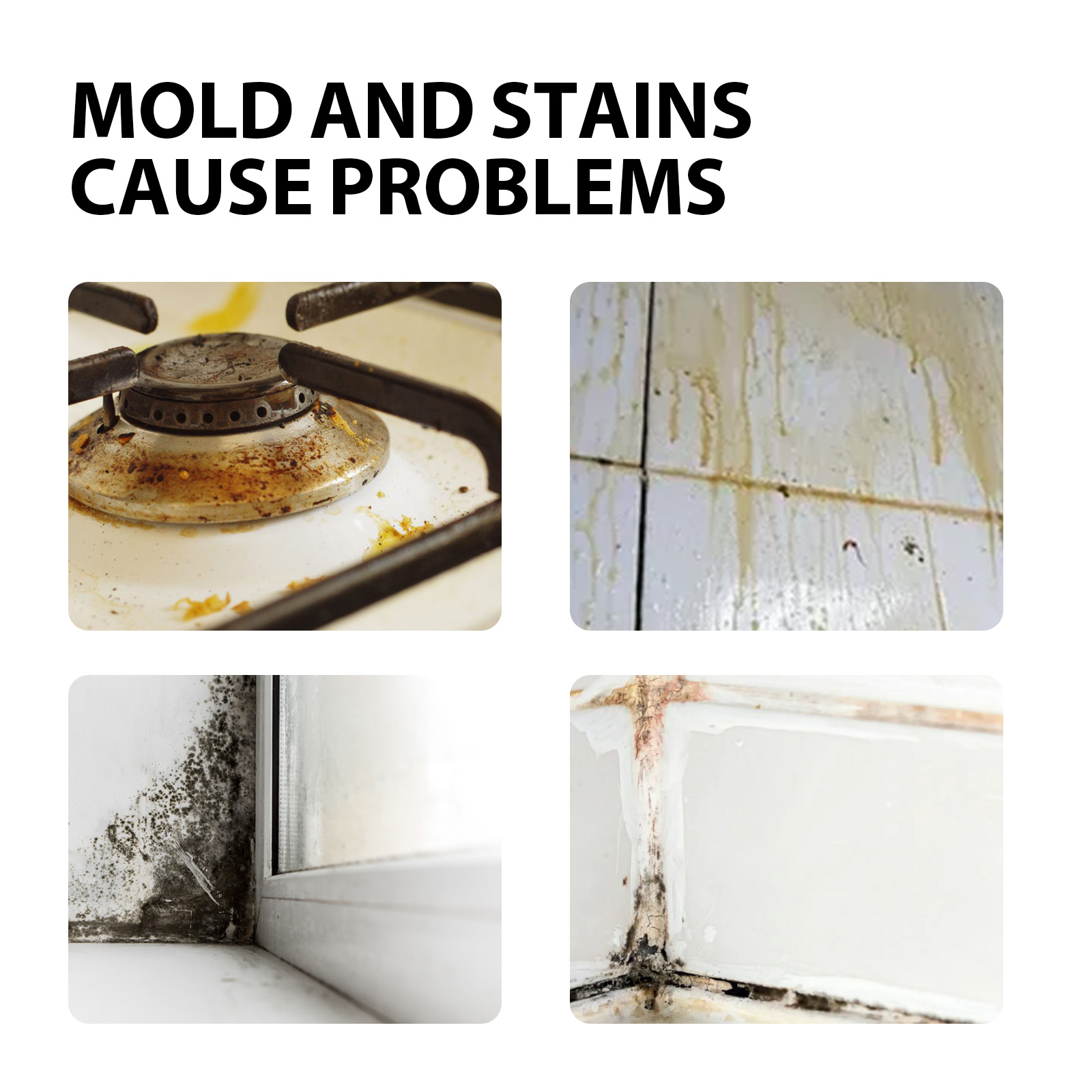 Household surfaces showing common mold and stain problems