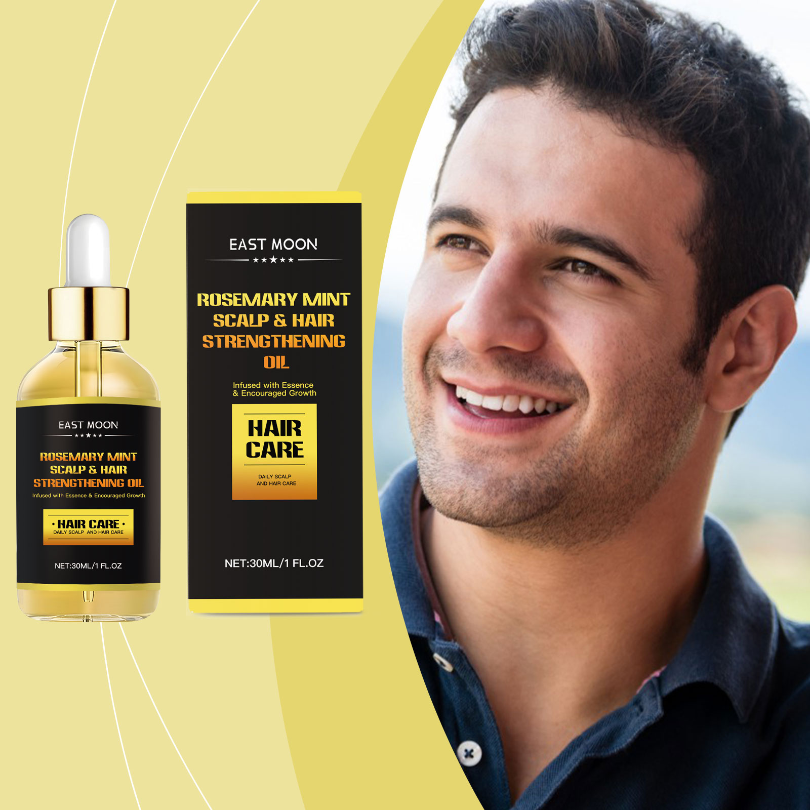 Man with dark hair holding scalp oil outdoors