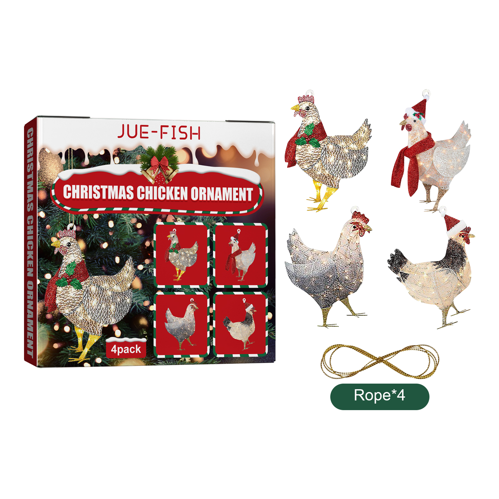Four assorted glitter chicken silhouettes in holiday costumes