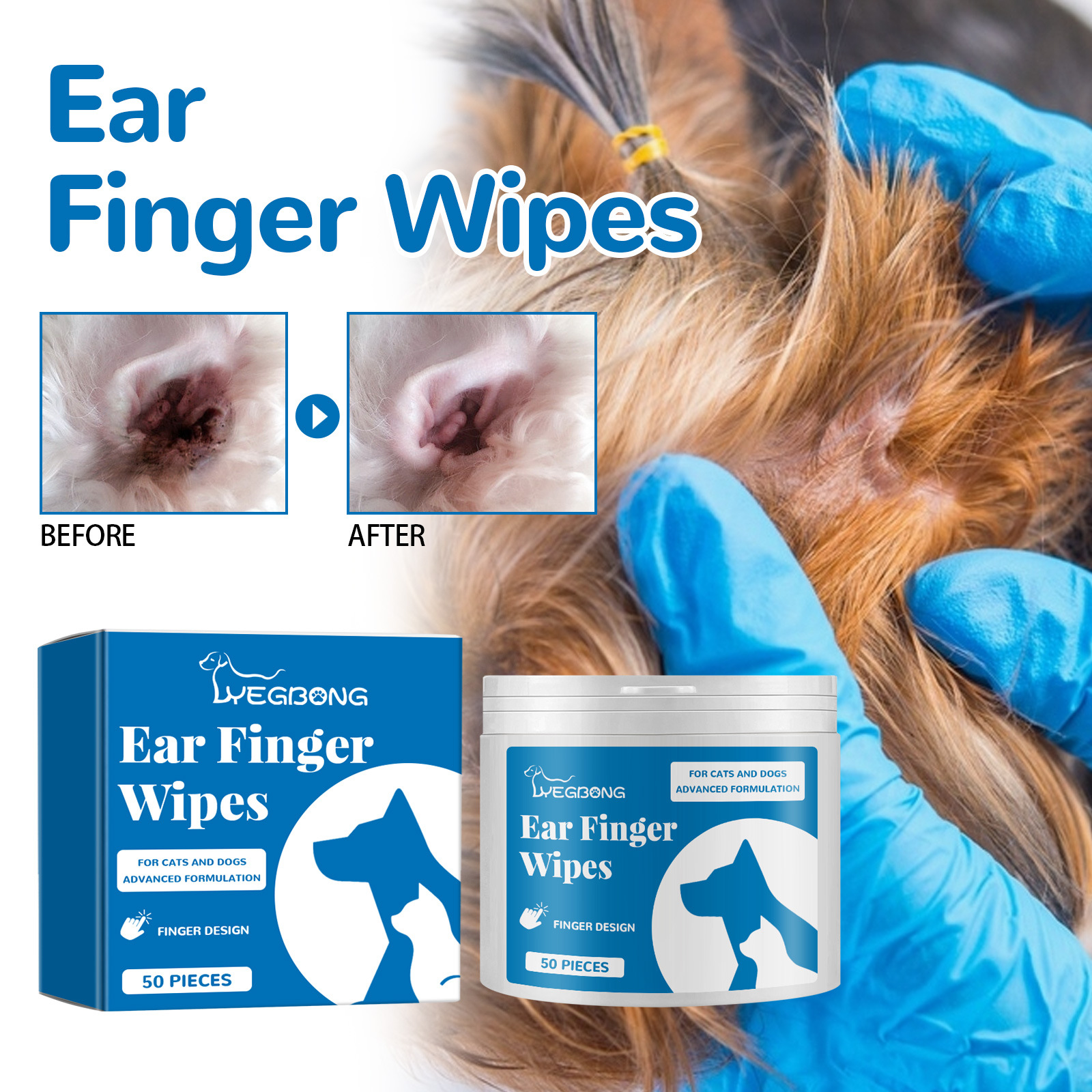 Finger wipe used near a dog's outer ear