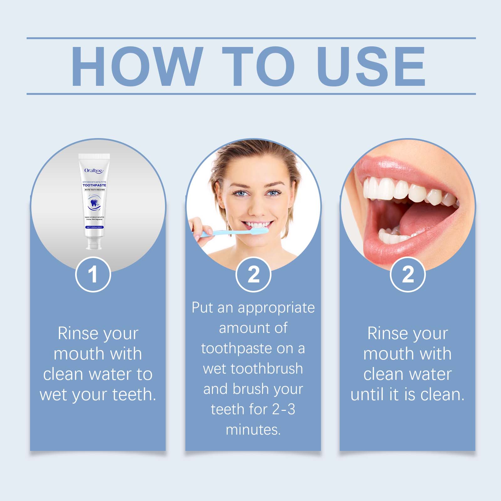 Toothpaste usage graphic with rinsing and brushing directions