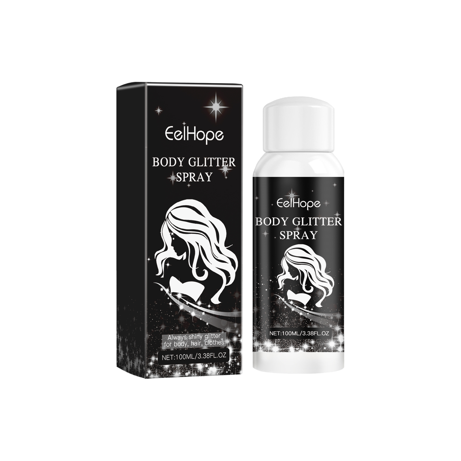 Black glitter spray bottle beside matching retail box