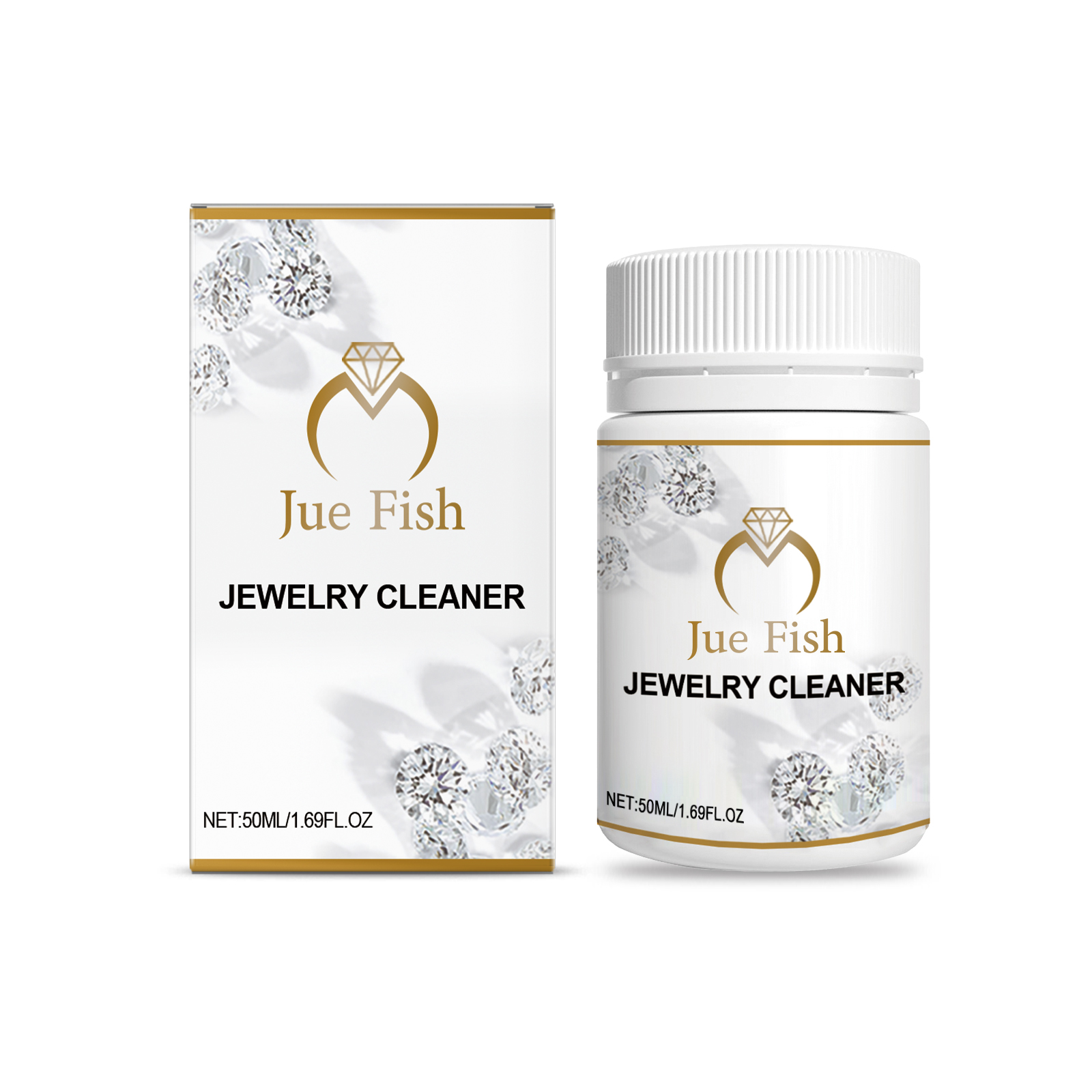 Matching jewelry cleaner carton with gold accents