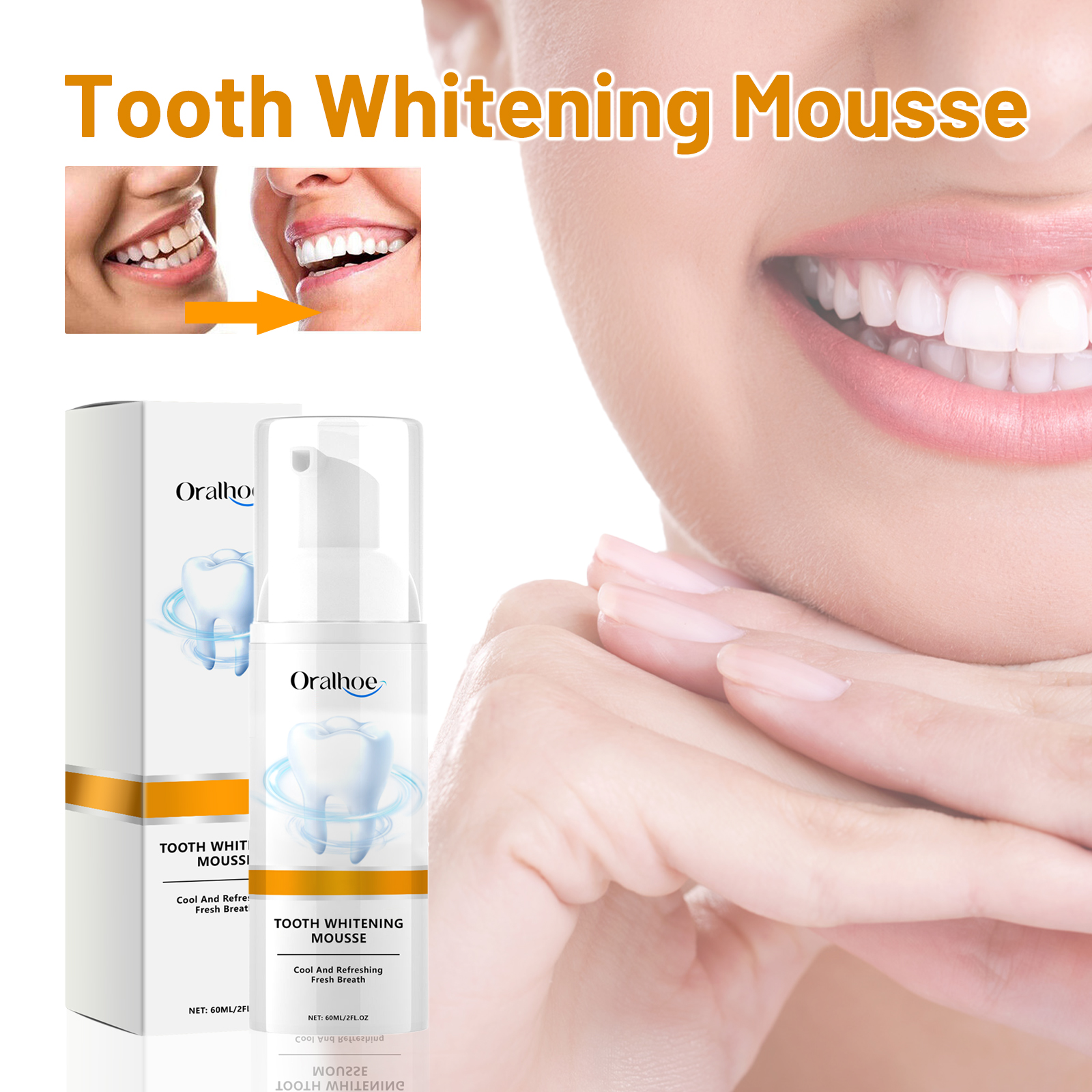 Tooth whitening mousse packaging beside smiling mouth