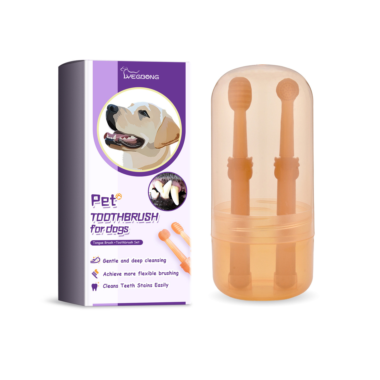 Peach-orange and lavender rounded dog toothbrush heads