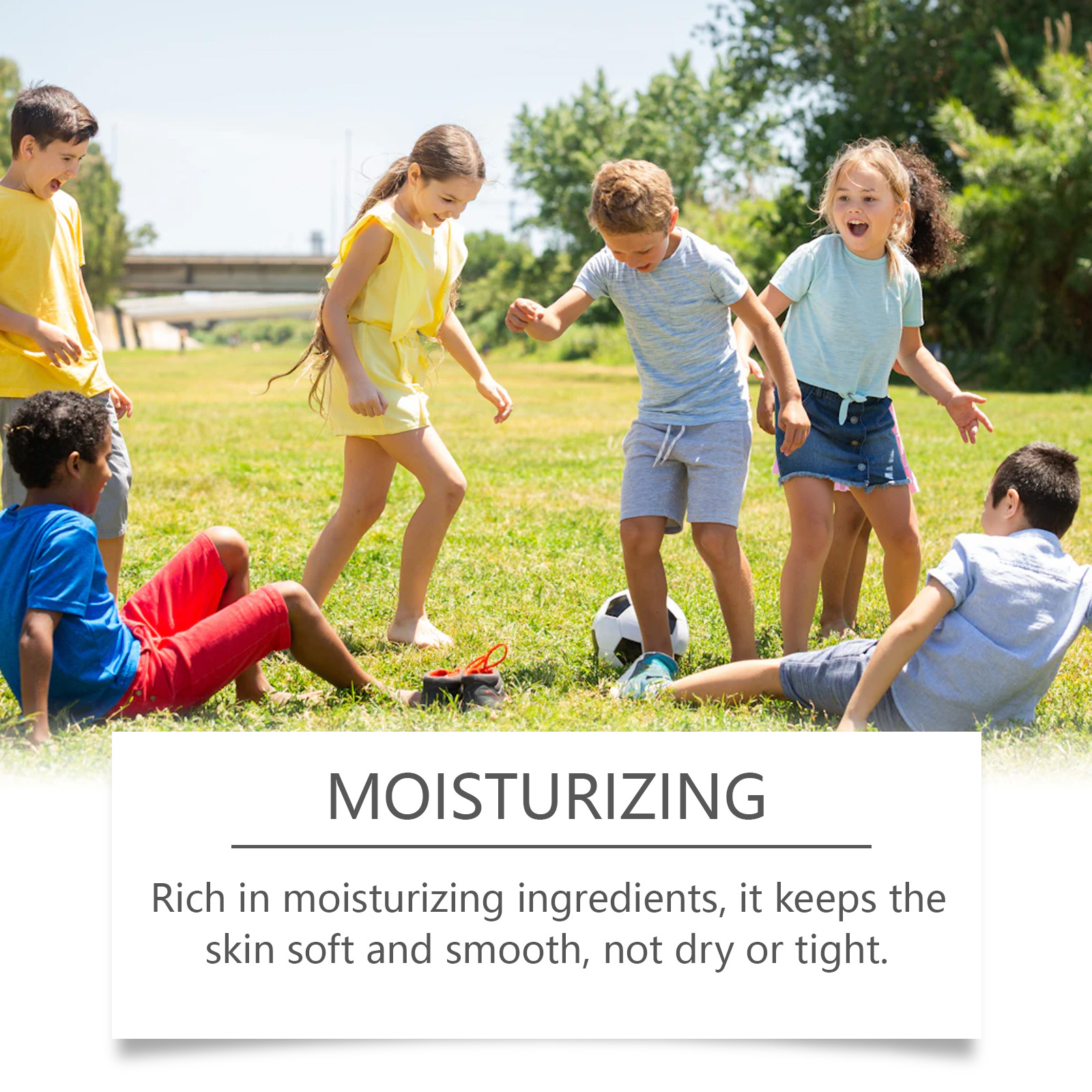 Outdoor children scene with moisturizing skin care message
