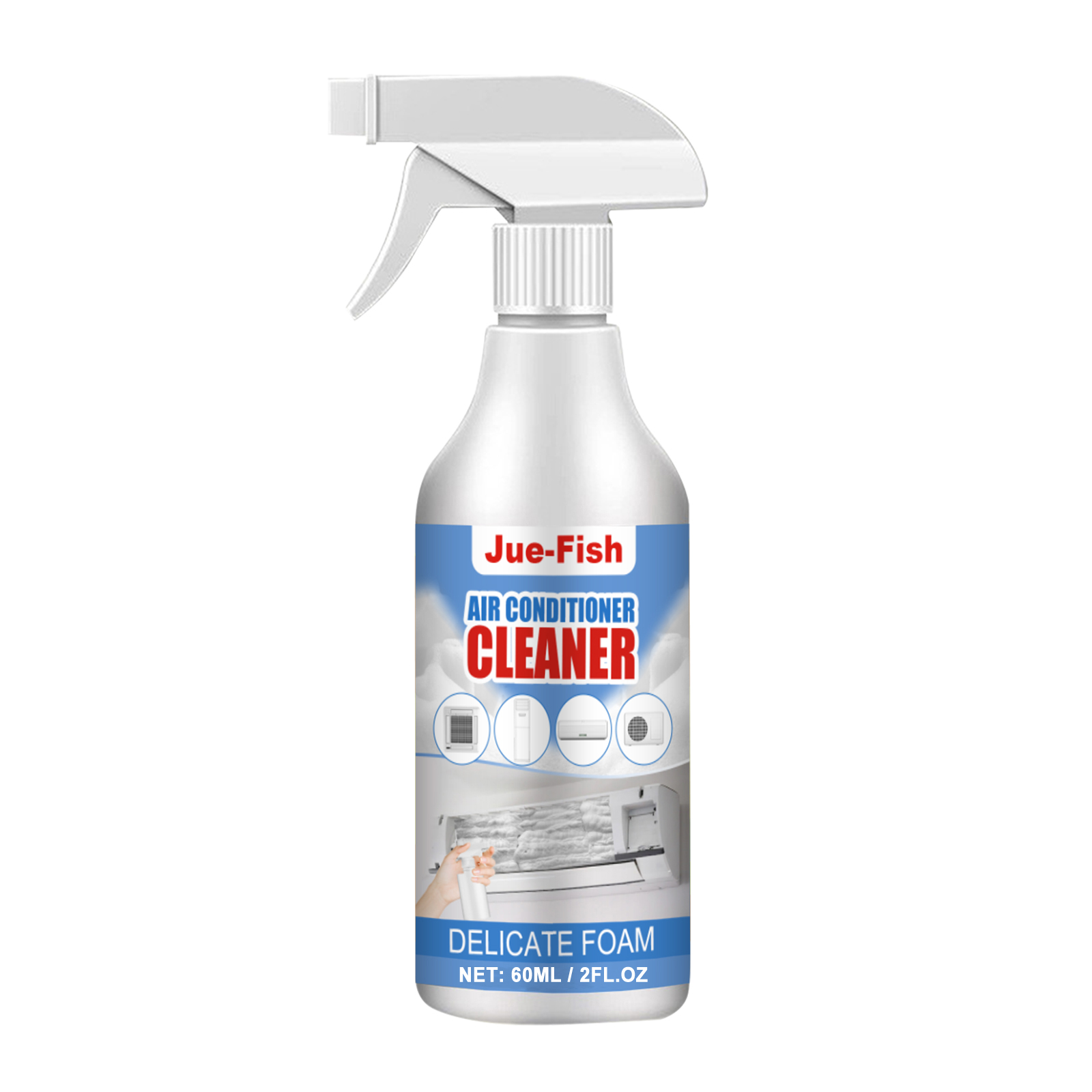 Front label showing AC cleaning and deodorizing