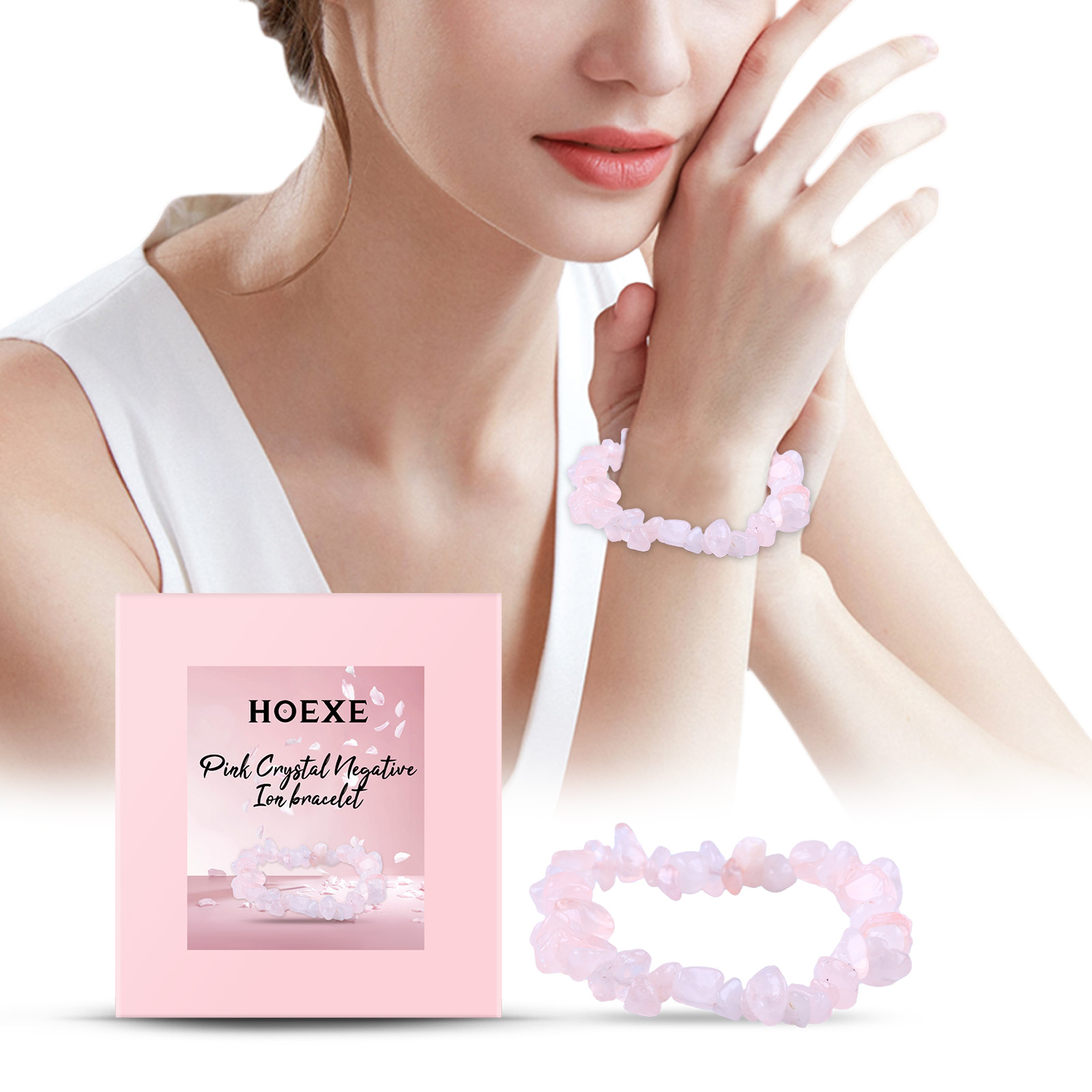 Woman wearing elastic pink bracelet on wrist