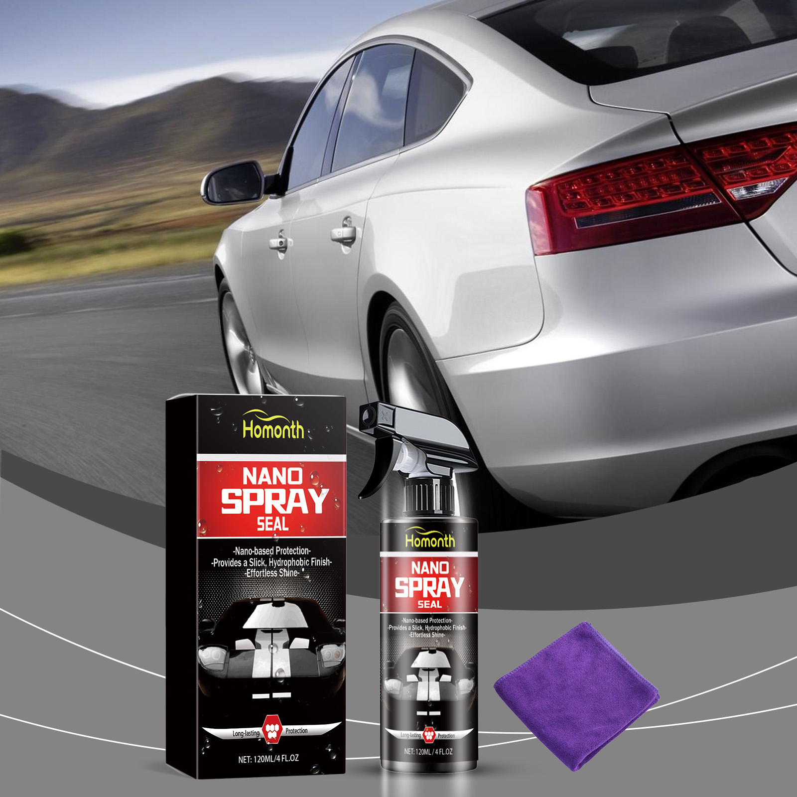 Automotive coating set beside silver vehicle