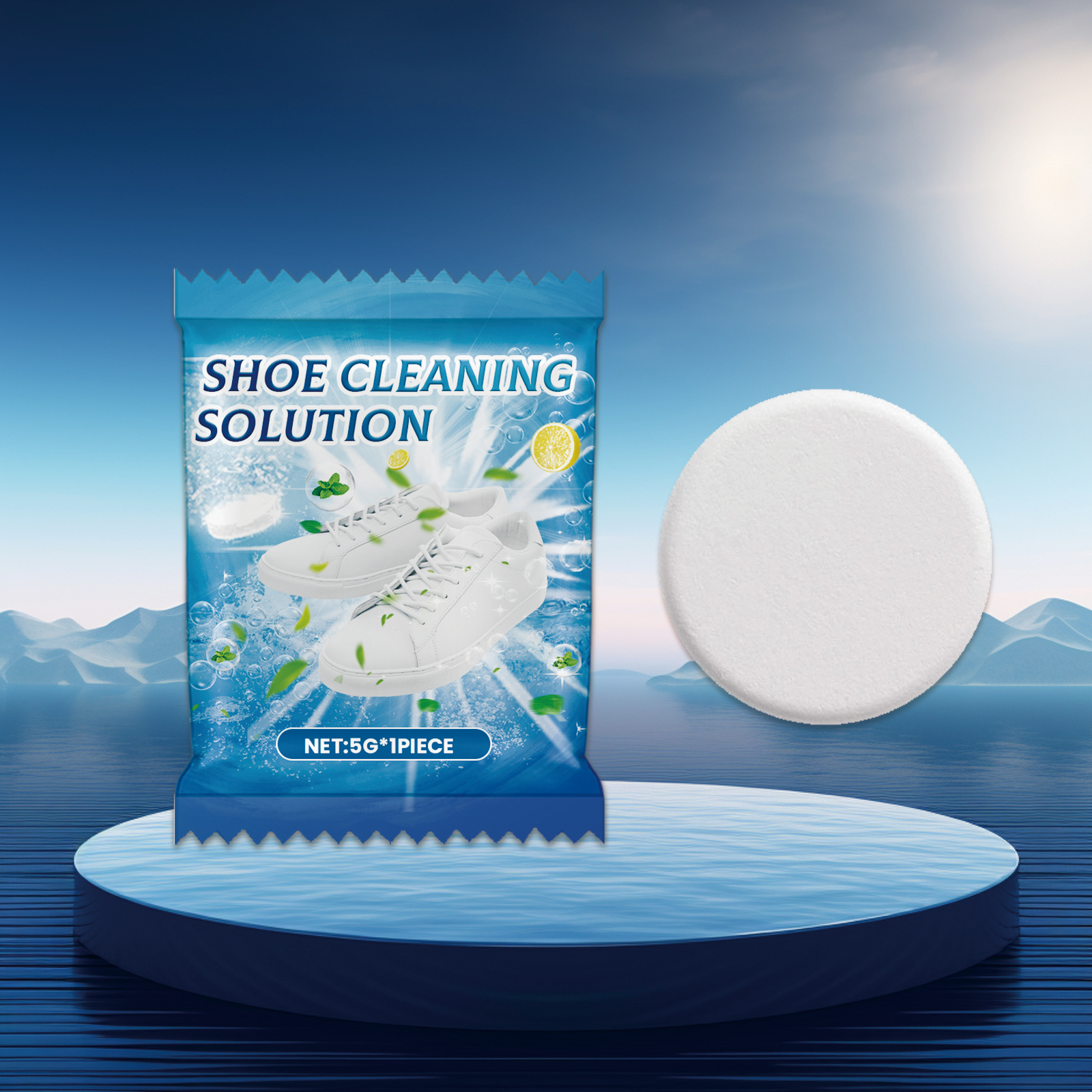 White tablet and blue sachet for fabric shoe cleaning