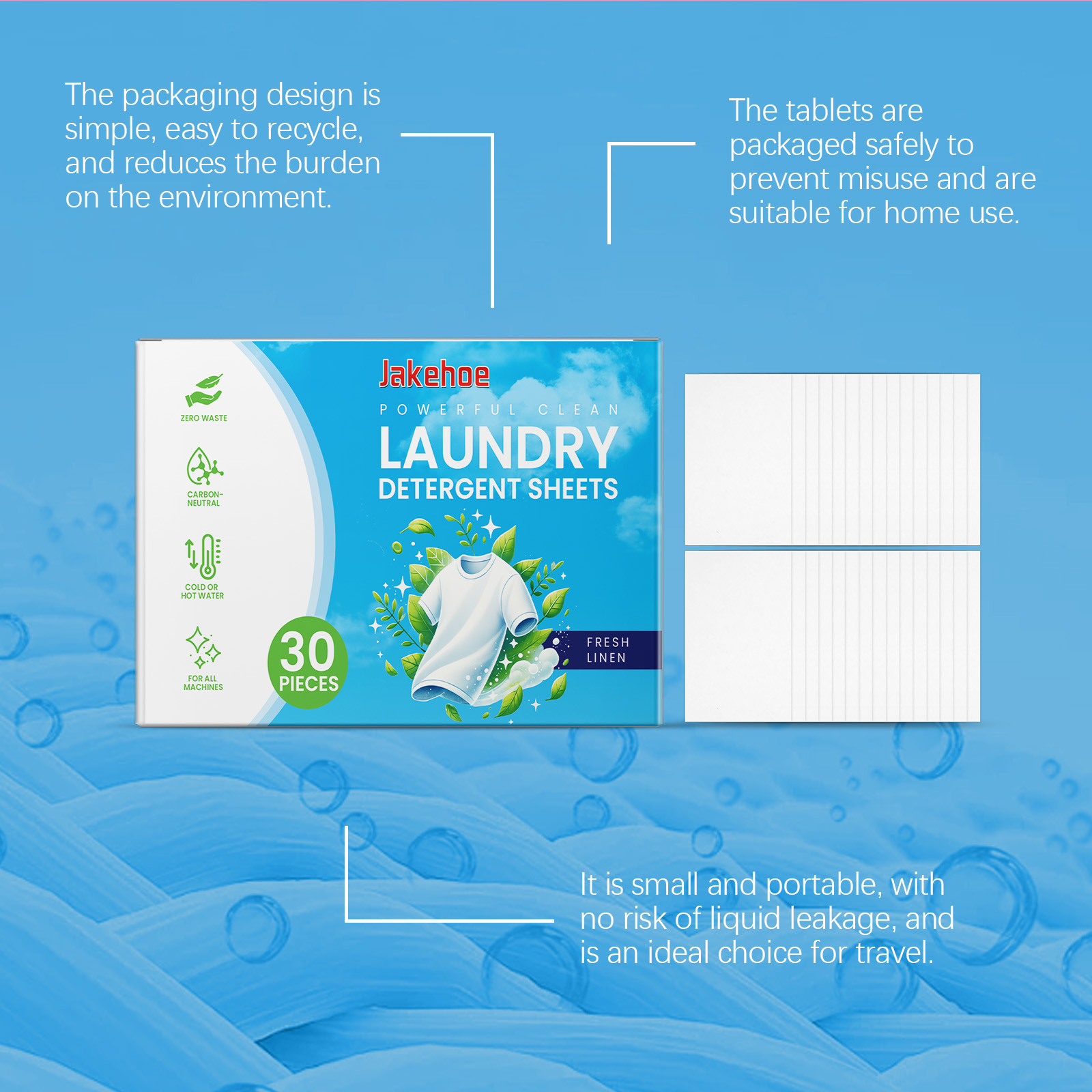 Portable detergent sheet carton with travel benefits
