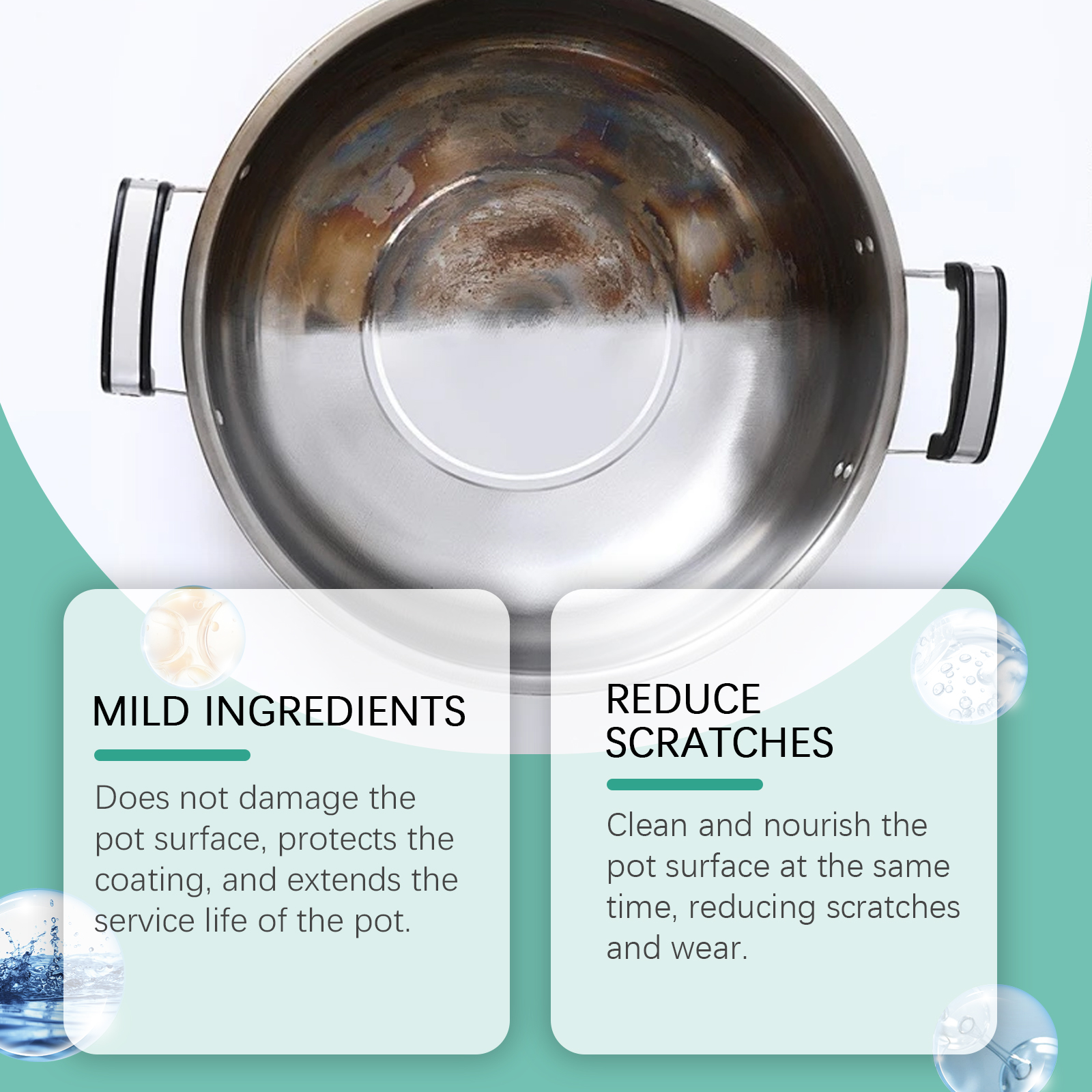 Cleaner bottle beside stainless steel cookware surface