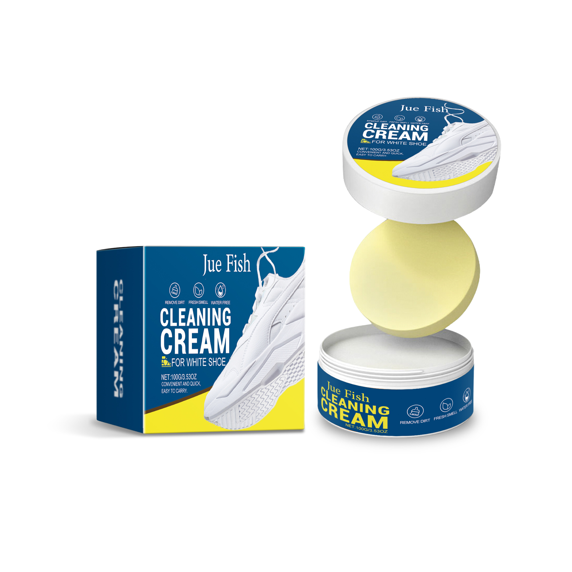 Open white shoe cream tub with pale yellow formula