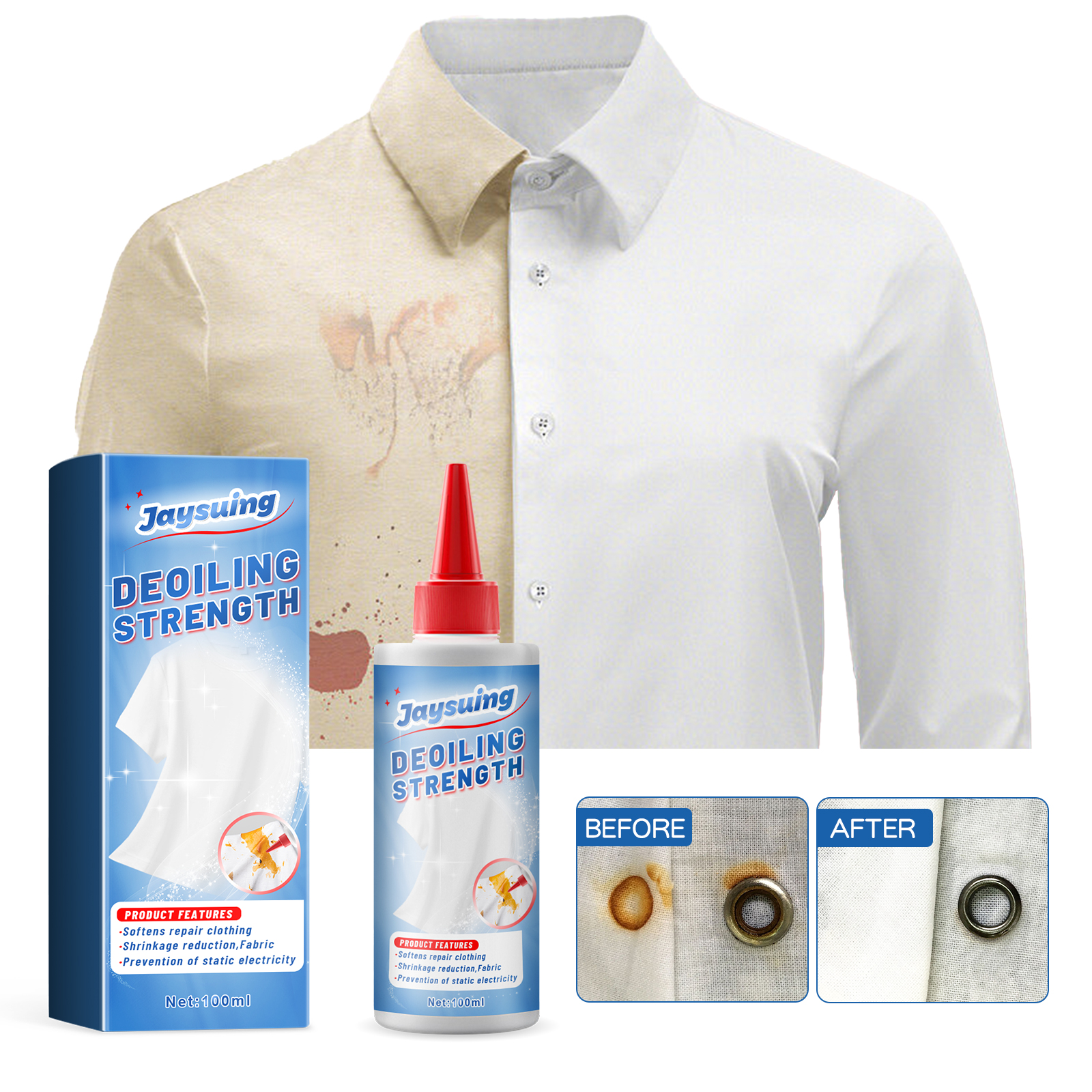Clothing stain remover beside visibly cleaner shirt fabric