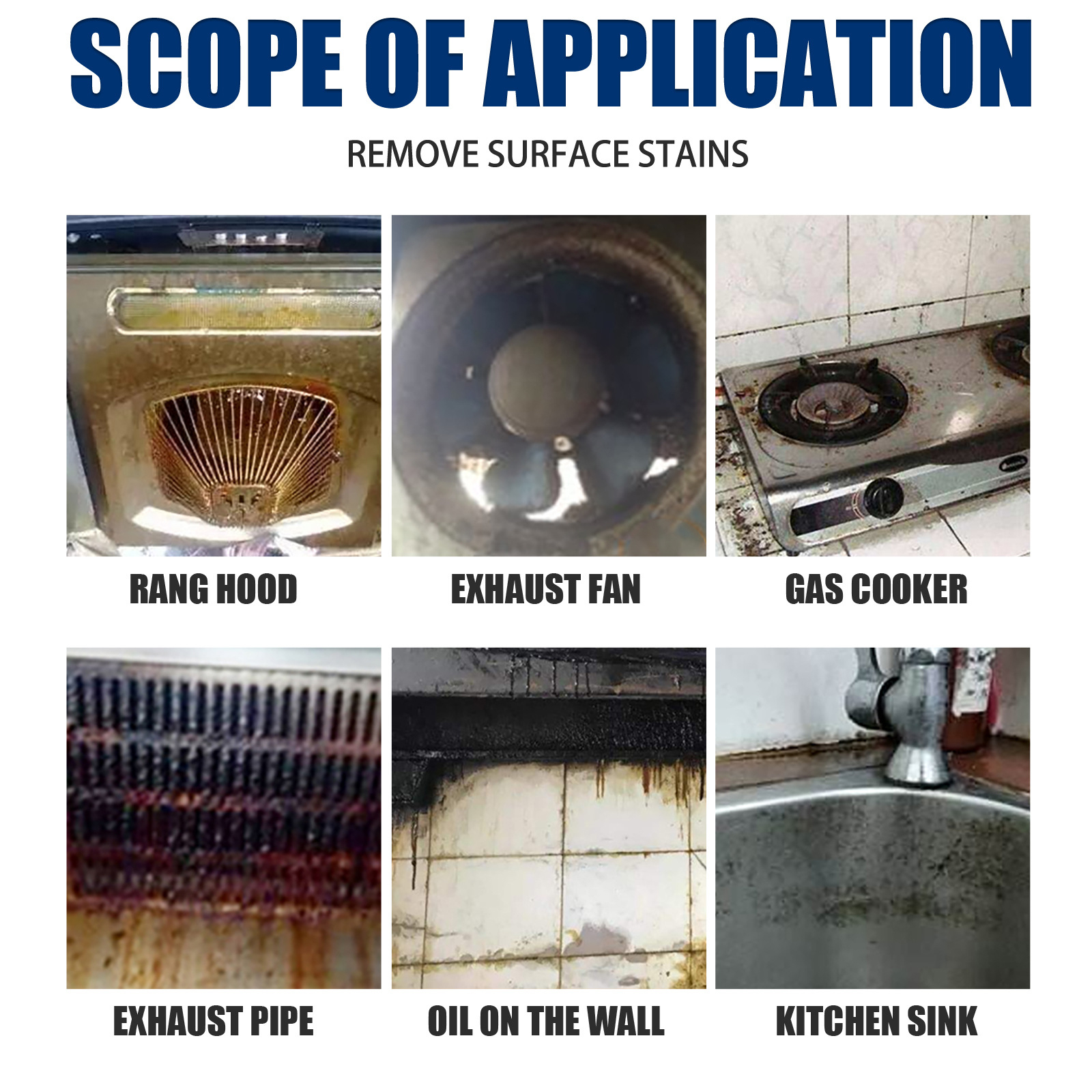 Kitchen cleaning application collage for multiple surfaces