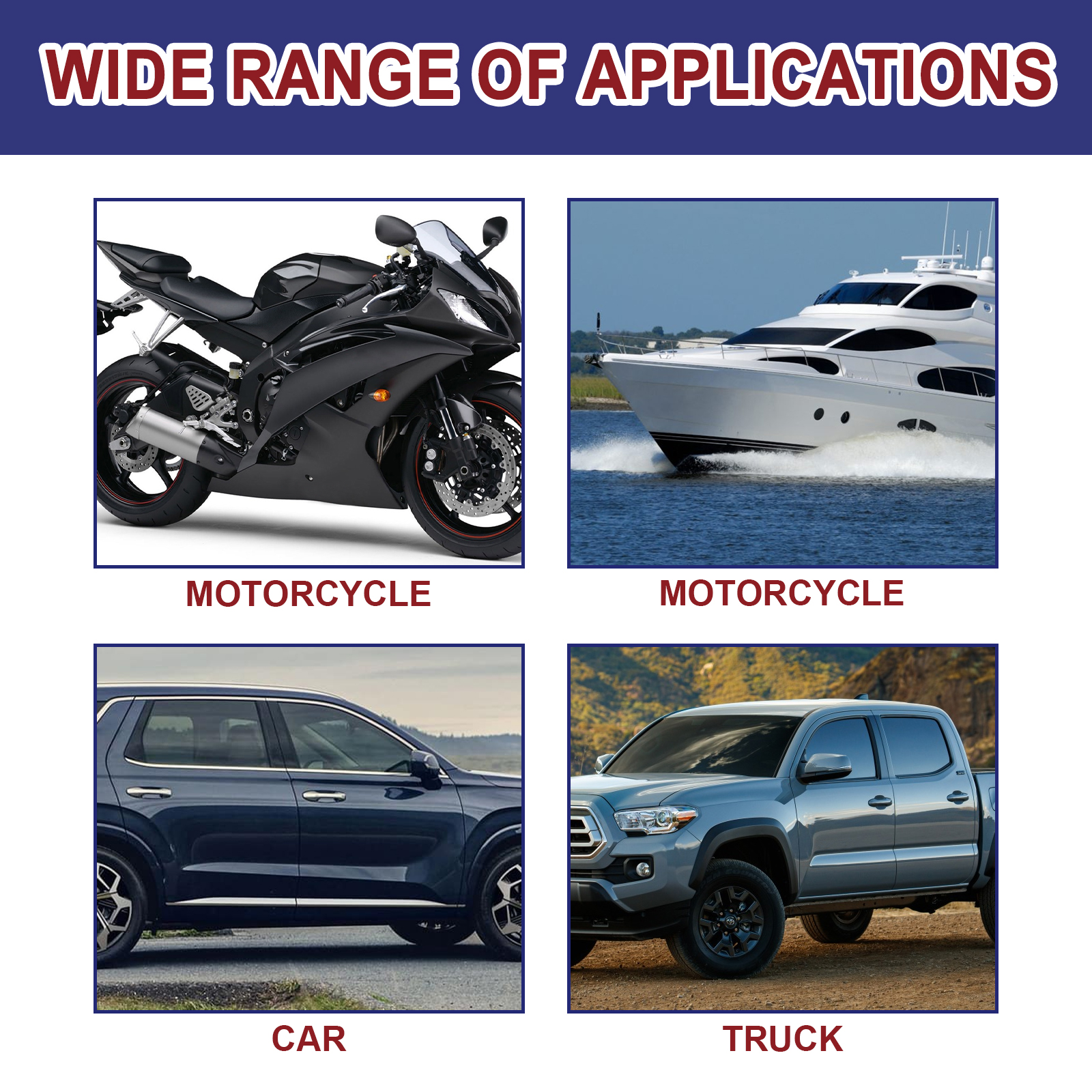 Automotive spray shown with motorcycle boat car and truck