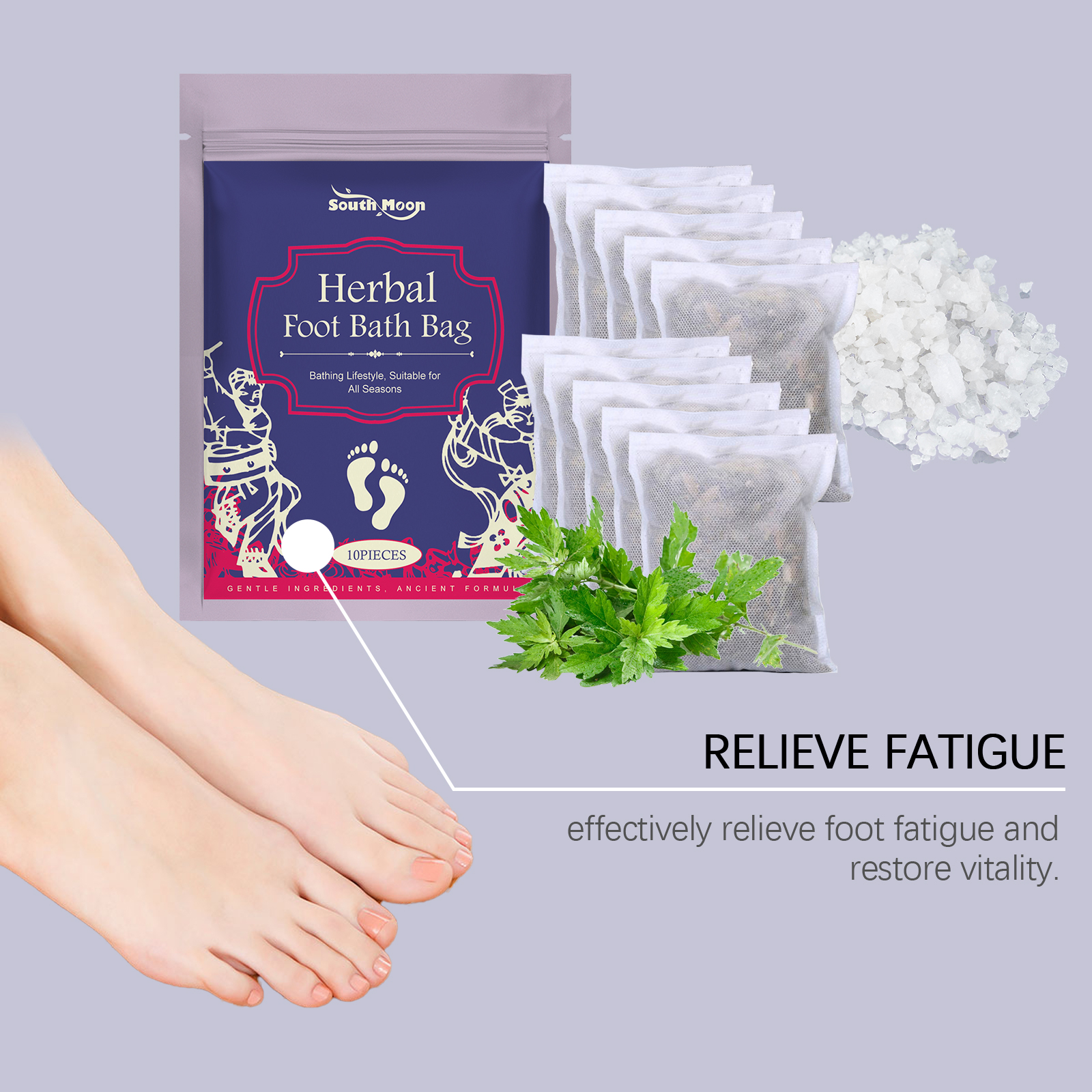 Herbal foot soak sachets with relaxed feet and green herbs