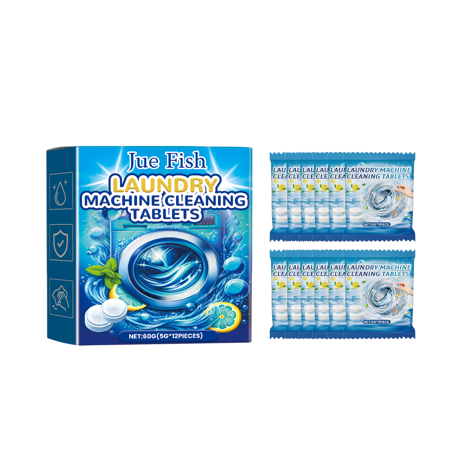Blue retail carton with rows of wrapped cleaning tablets