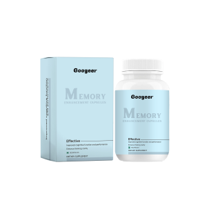 Memory Enhancement Capsule bottle with soft blue gradient and branded box on clean white surface