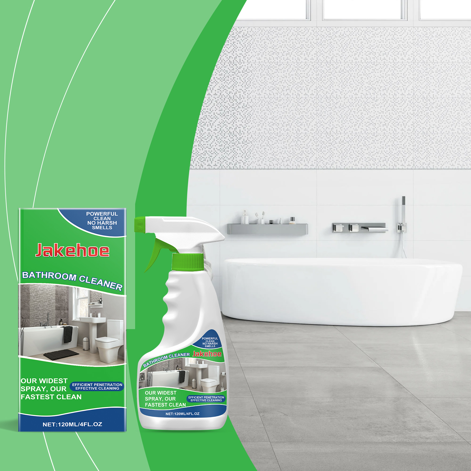 Bathroom cleaner bottle beside clean bathtub setting