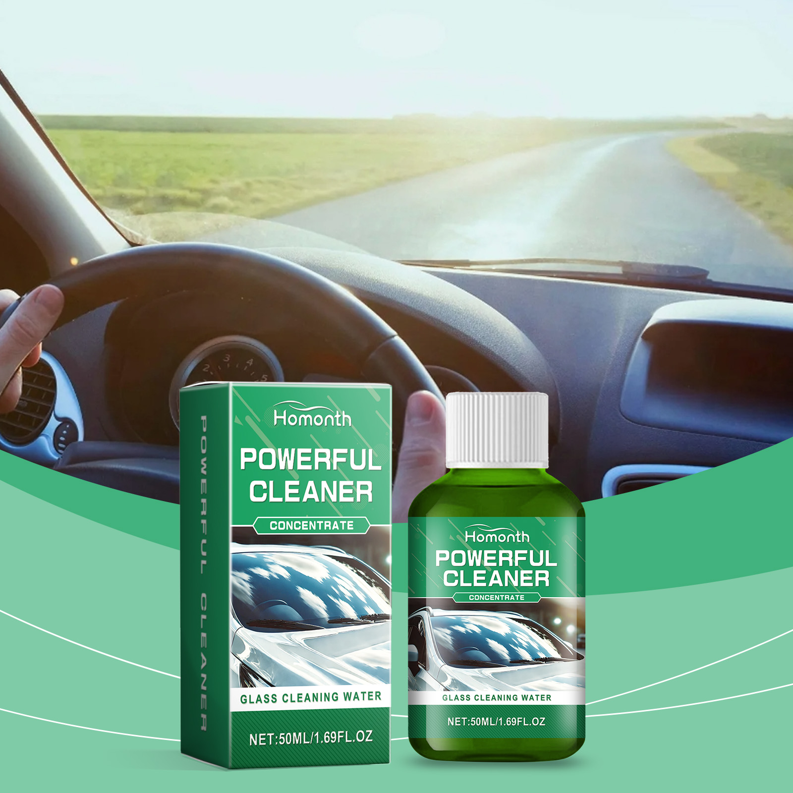 Car cleaner positioned beside a clean windshield