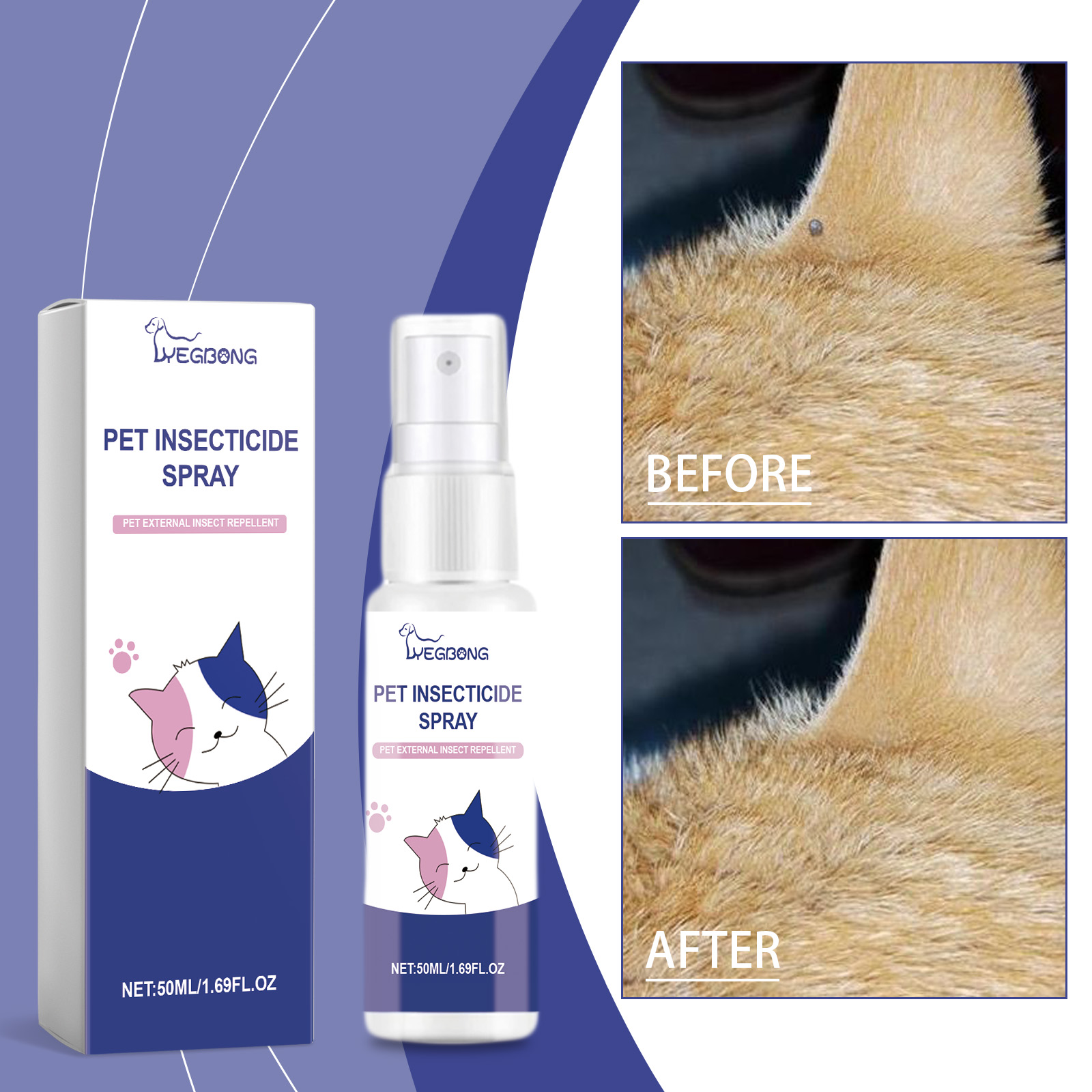 Pet spray beside fur imagery for insect care