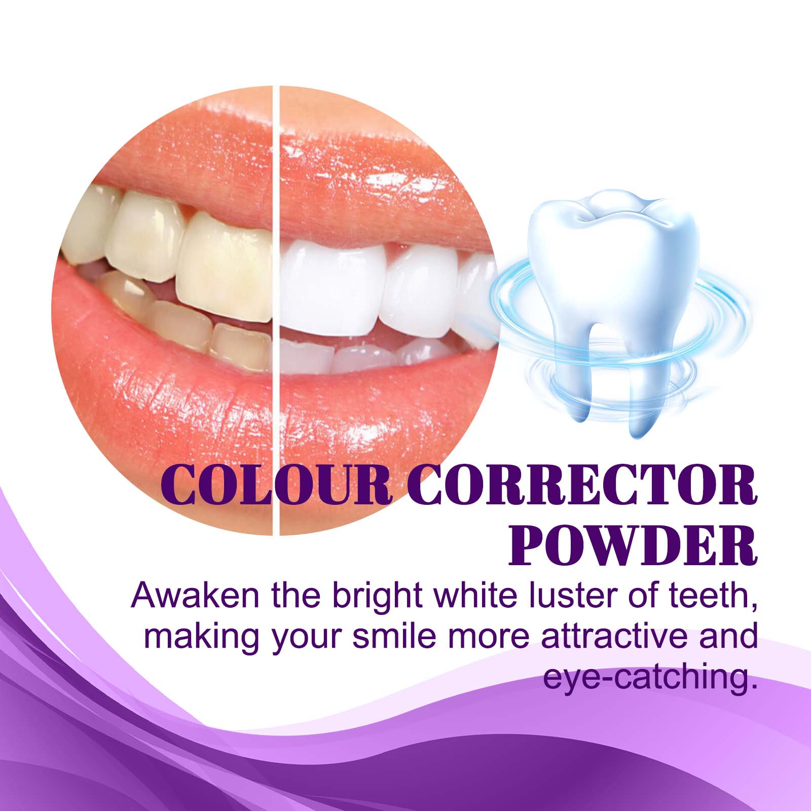 Color correcting purple tooth powder beside brighter teeth