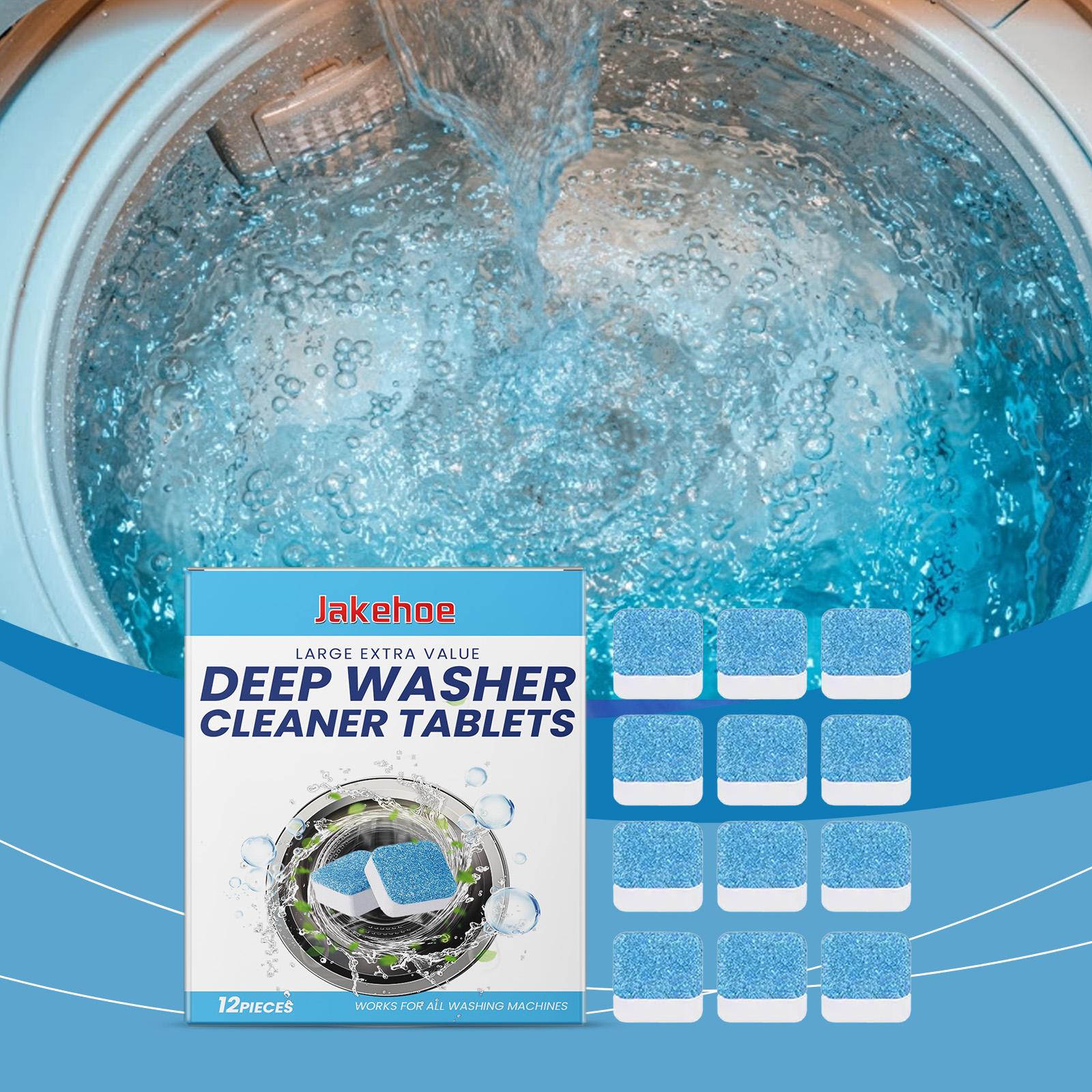 Effervescent washer cleaner tablet creating blue bubbles