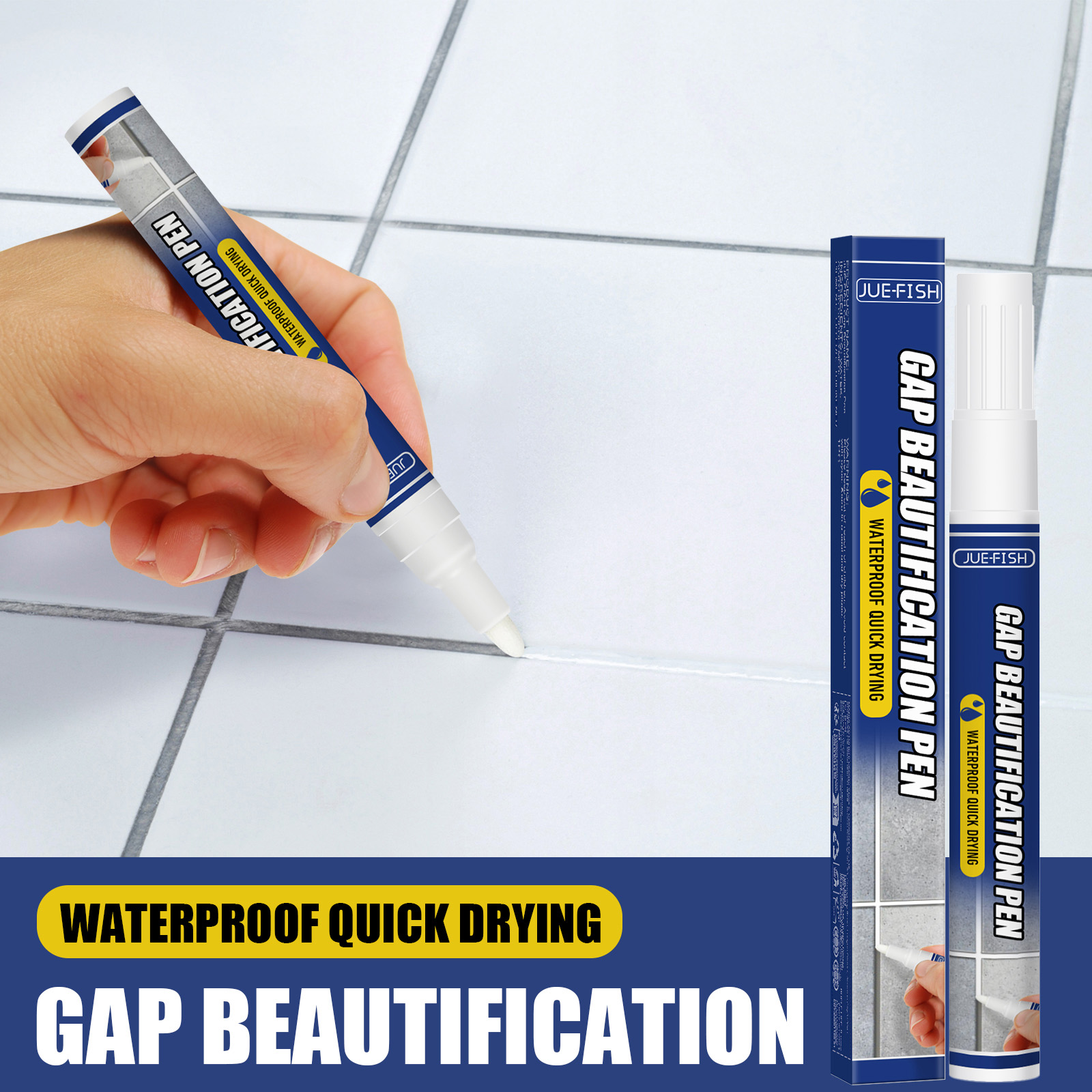 Pointed white applicator tracing a tile grout line