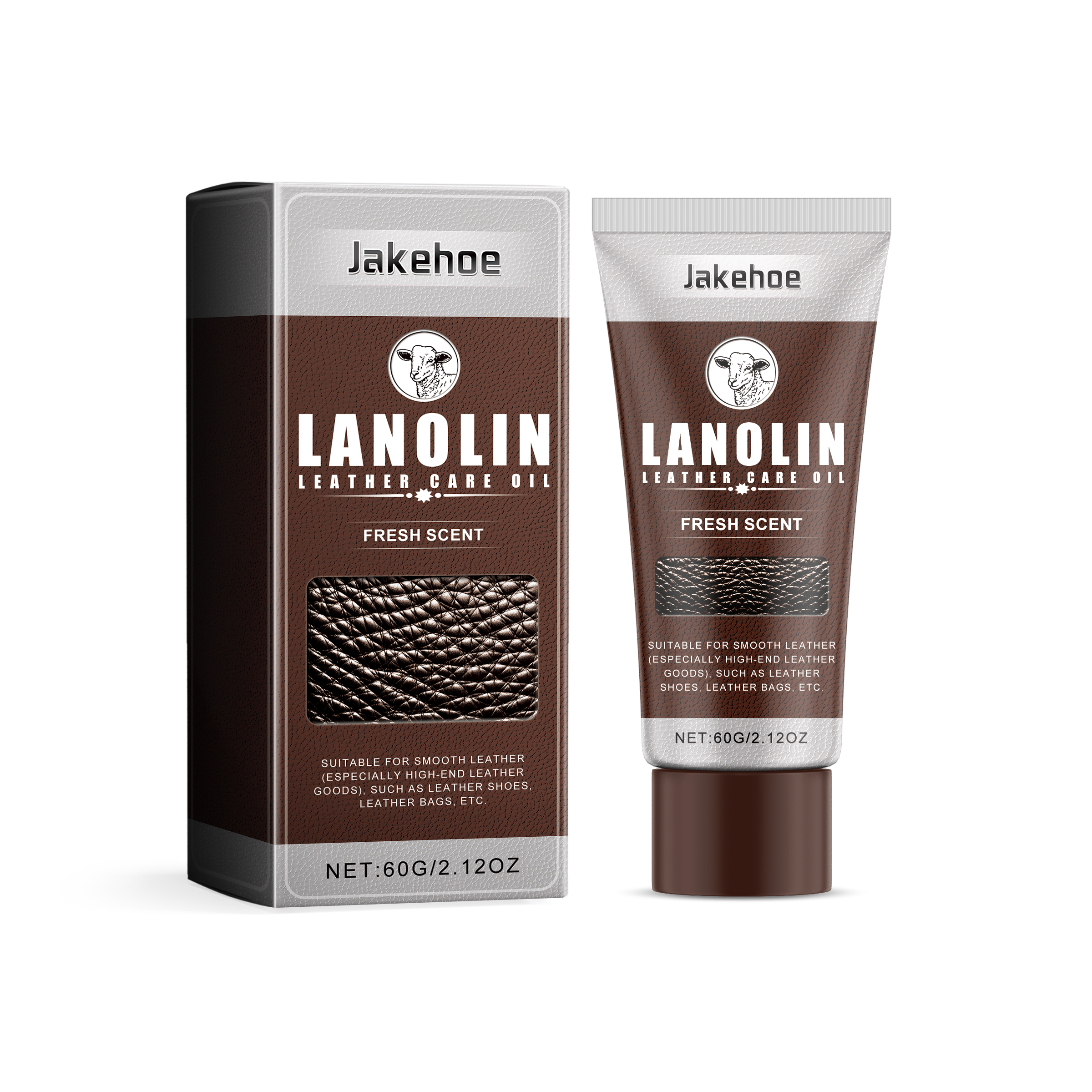 Brown leather care oil tube and retail carton