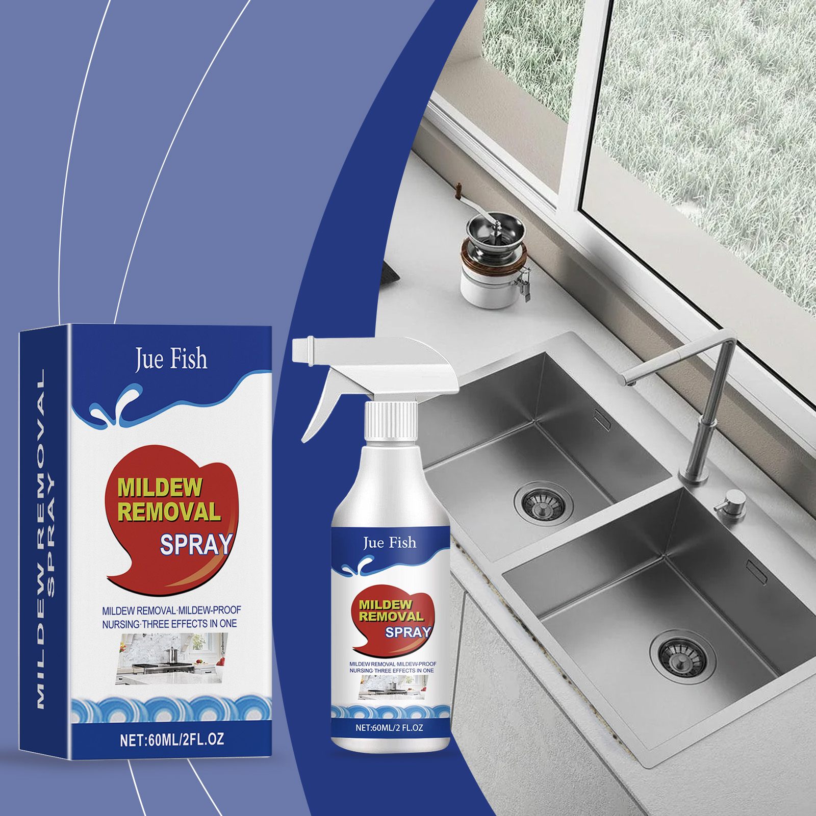 Mildew remover beside kitchen sink for household cleaning