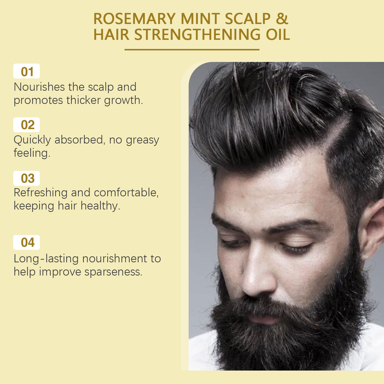 Hair oil benefit panel beside man with full beard