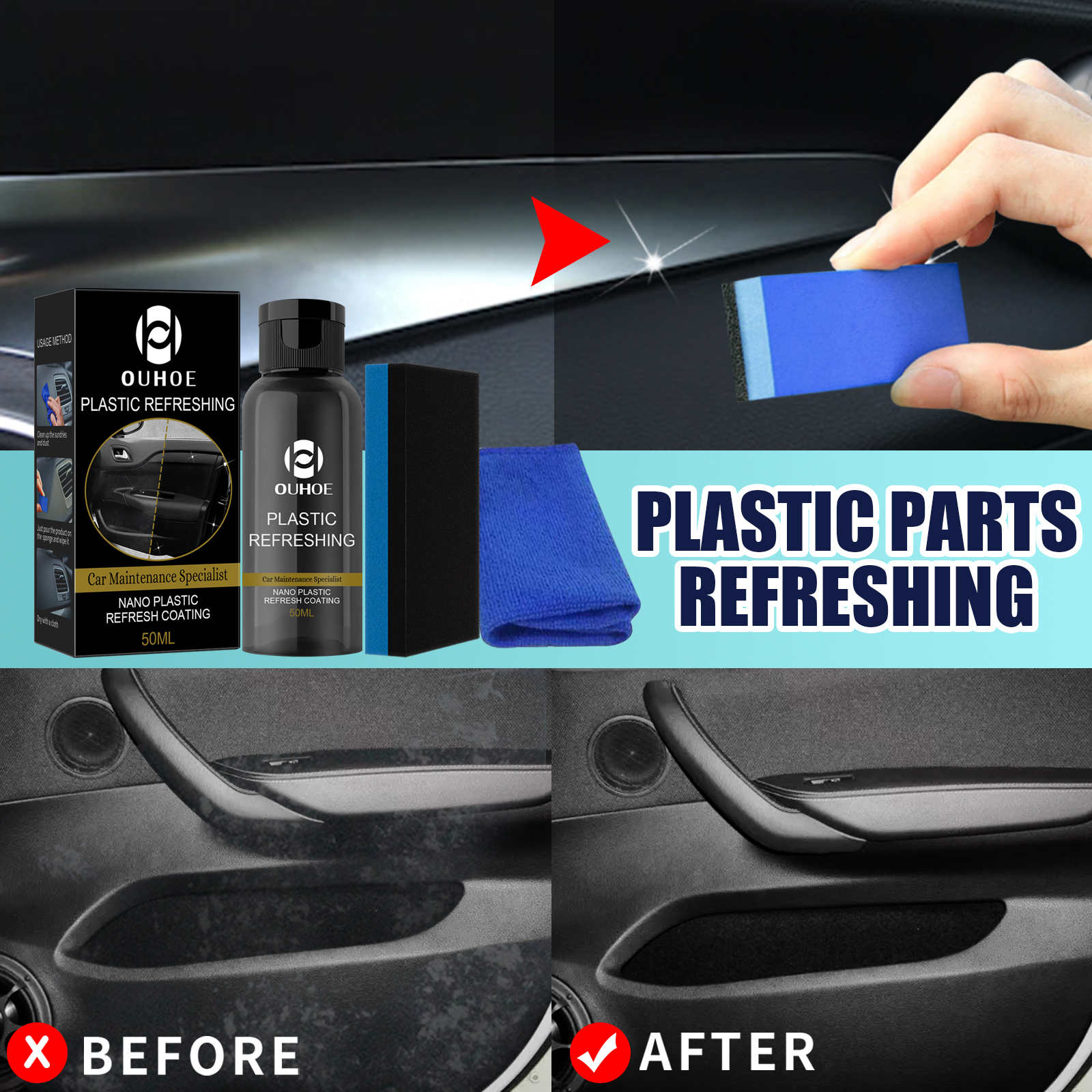 Car interior plastic showing darker cleaner-looking finish