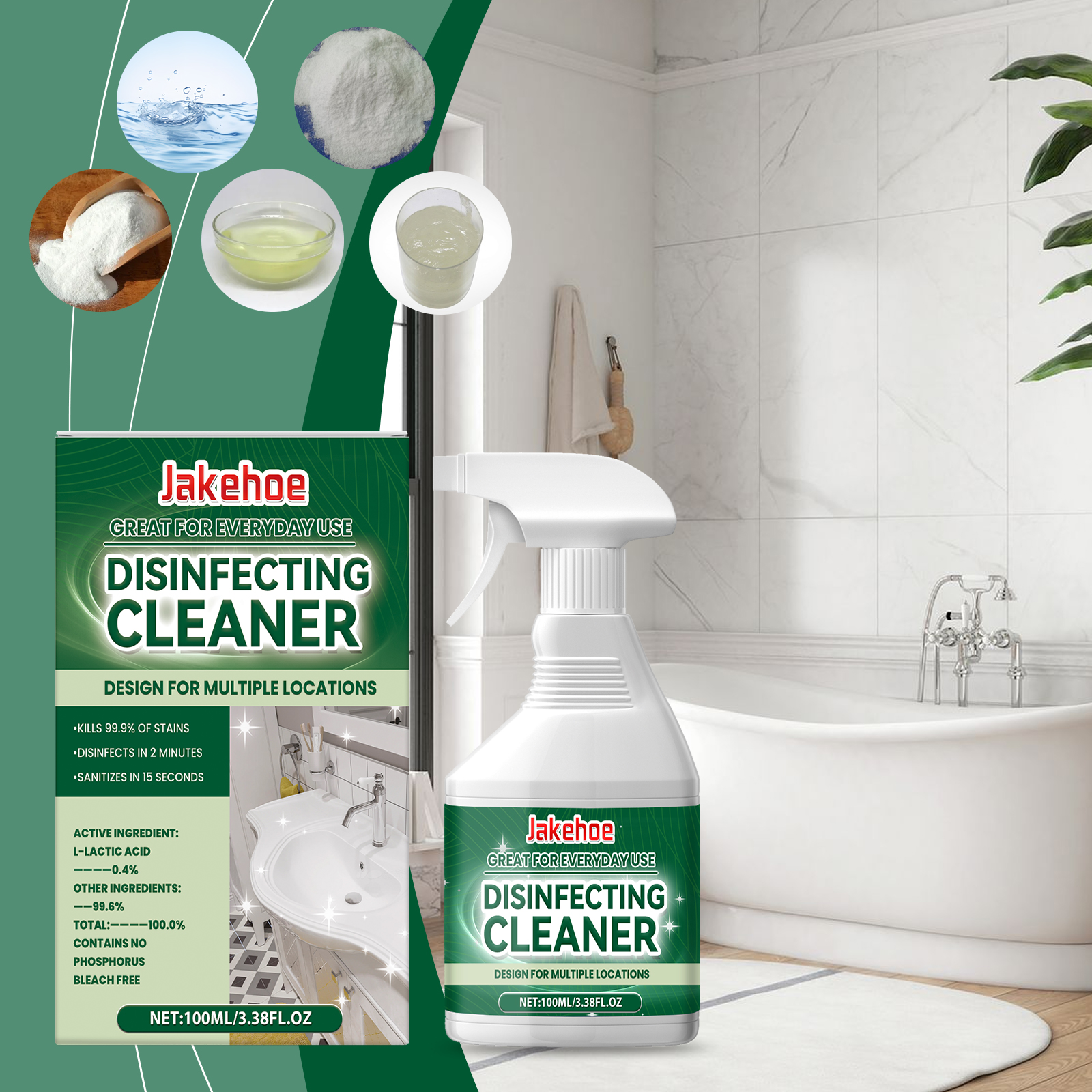 Cleaner staged between bathroom and household surfaces