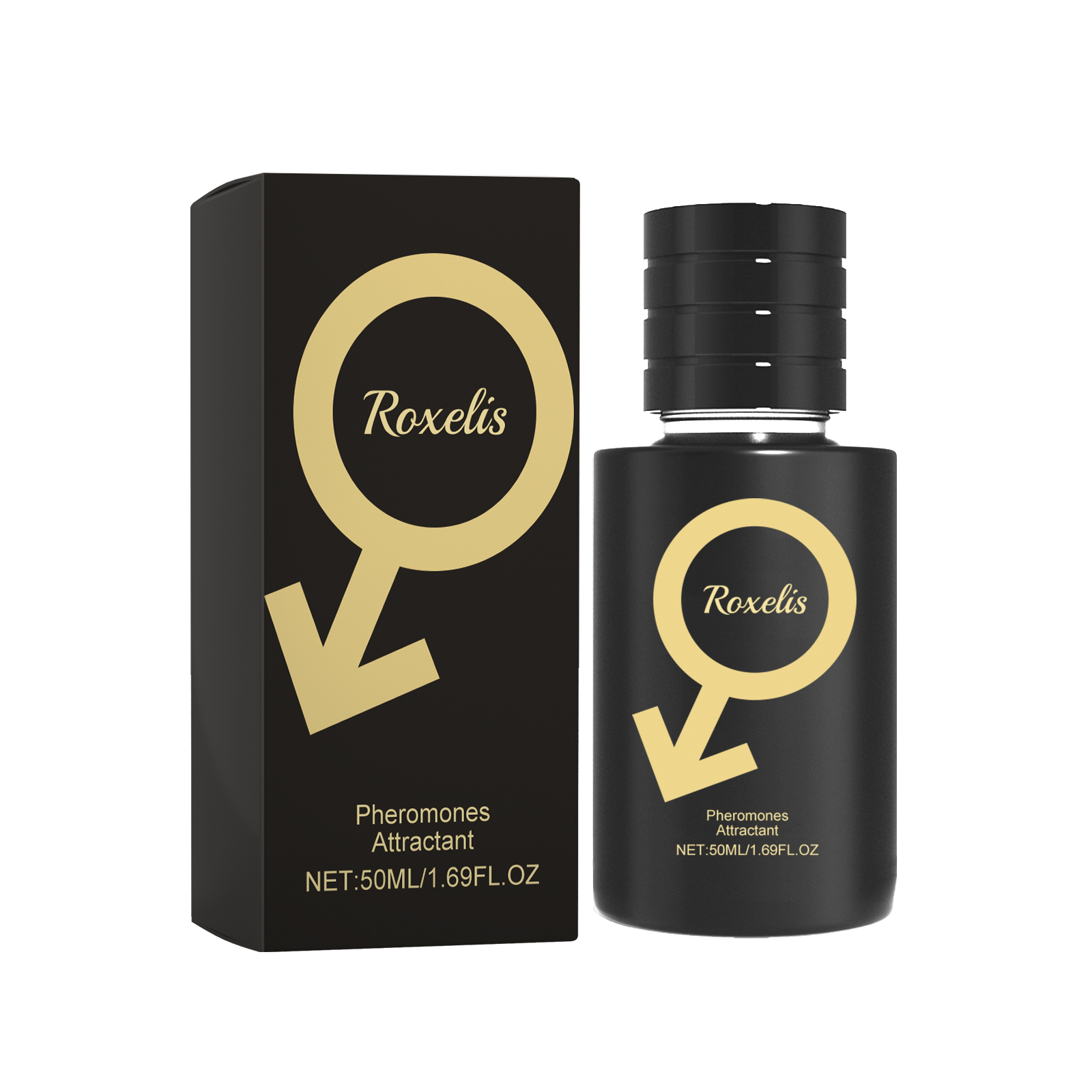 Matte black fragrance bottle with ribbed cap and gold emblem