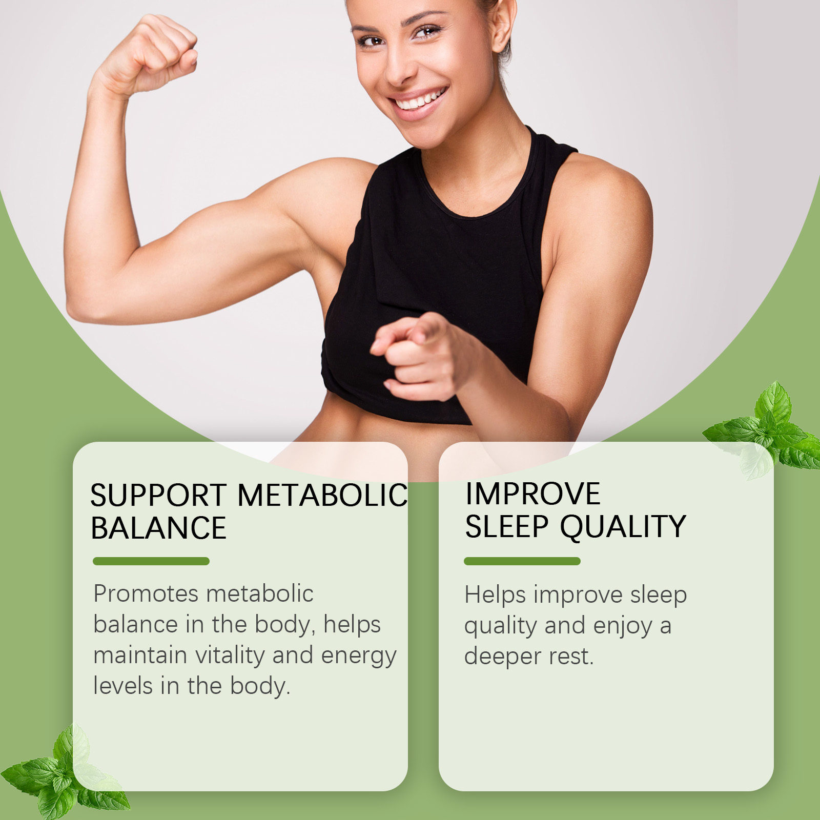 Athletic woman flexing bicep, split‑panel showing metabolic balance and sleep quality claims