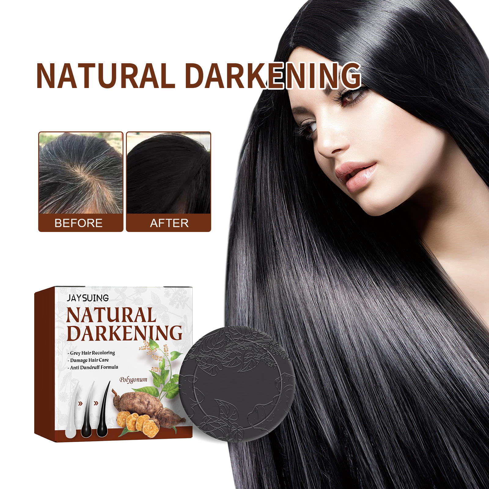 Dark glossy hair beside gray-root appearance comparison