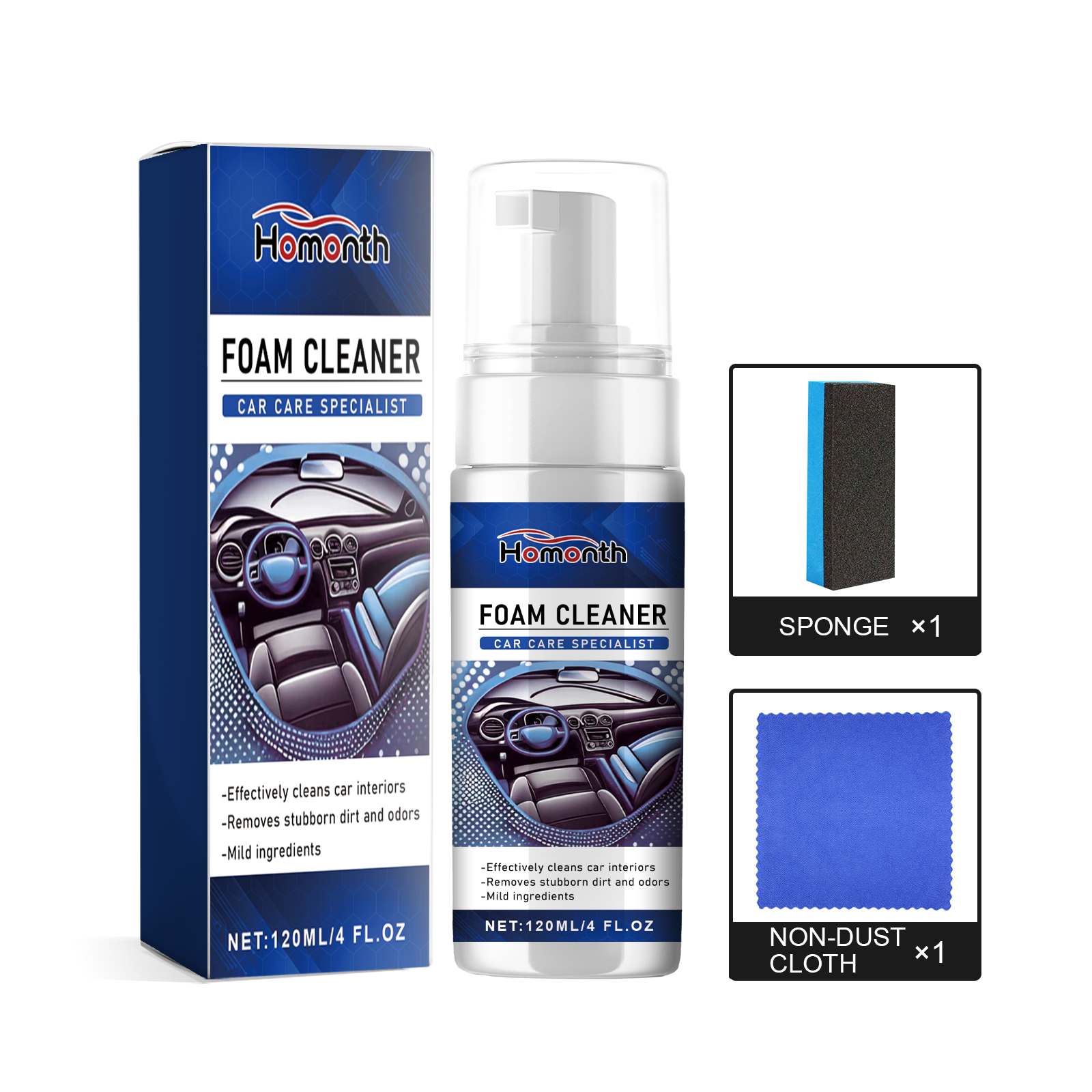 Boxed foam cleaner set with included accessories