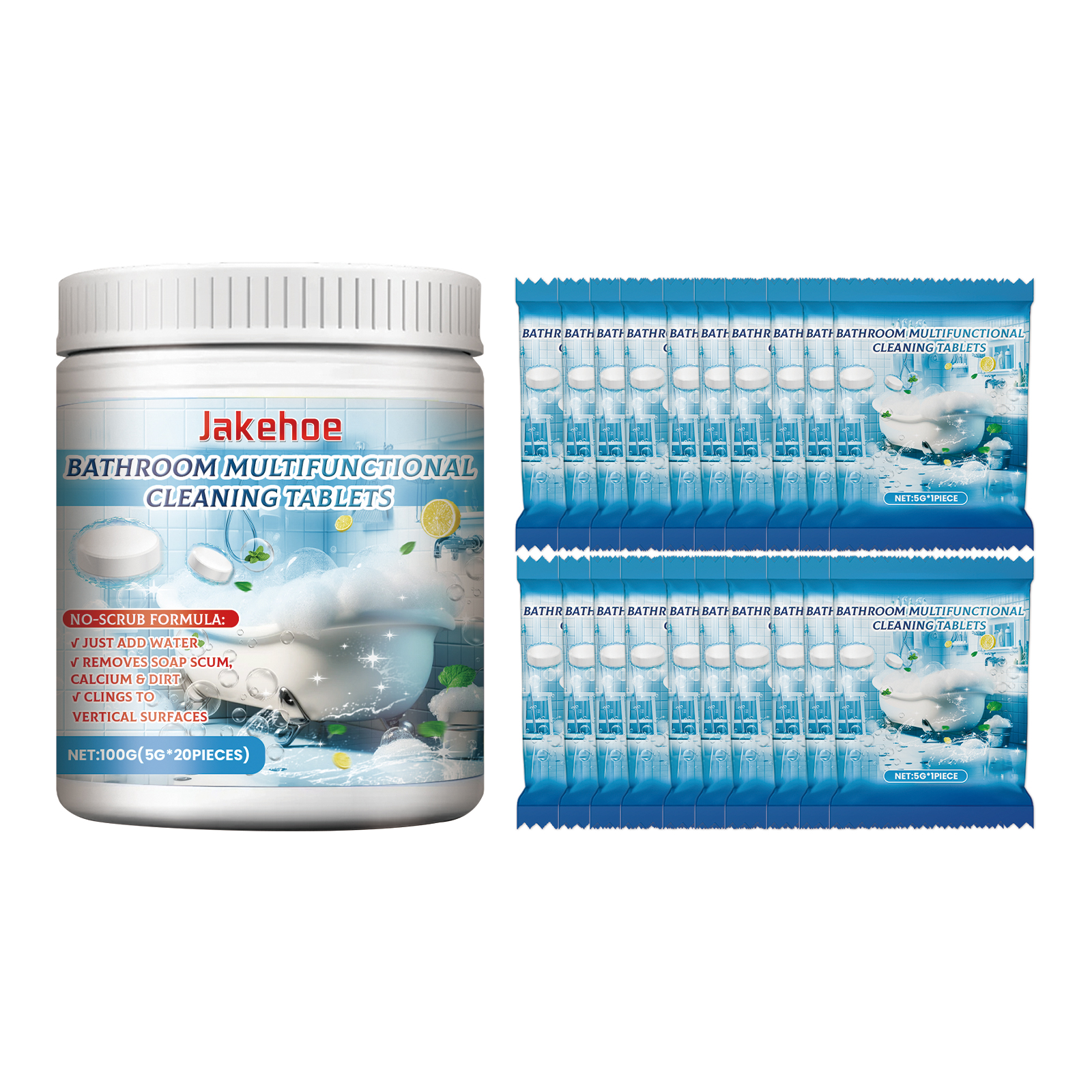 White cleaning tablet sachets beside a water container