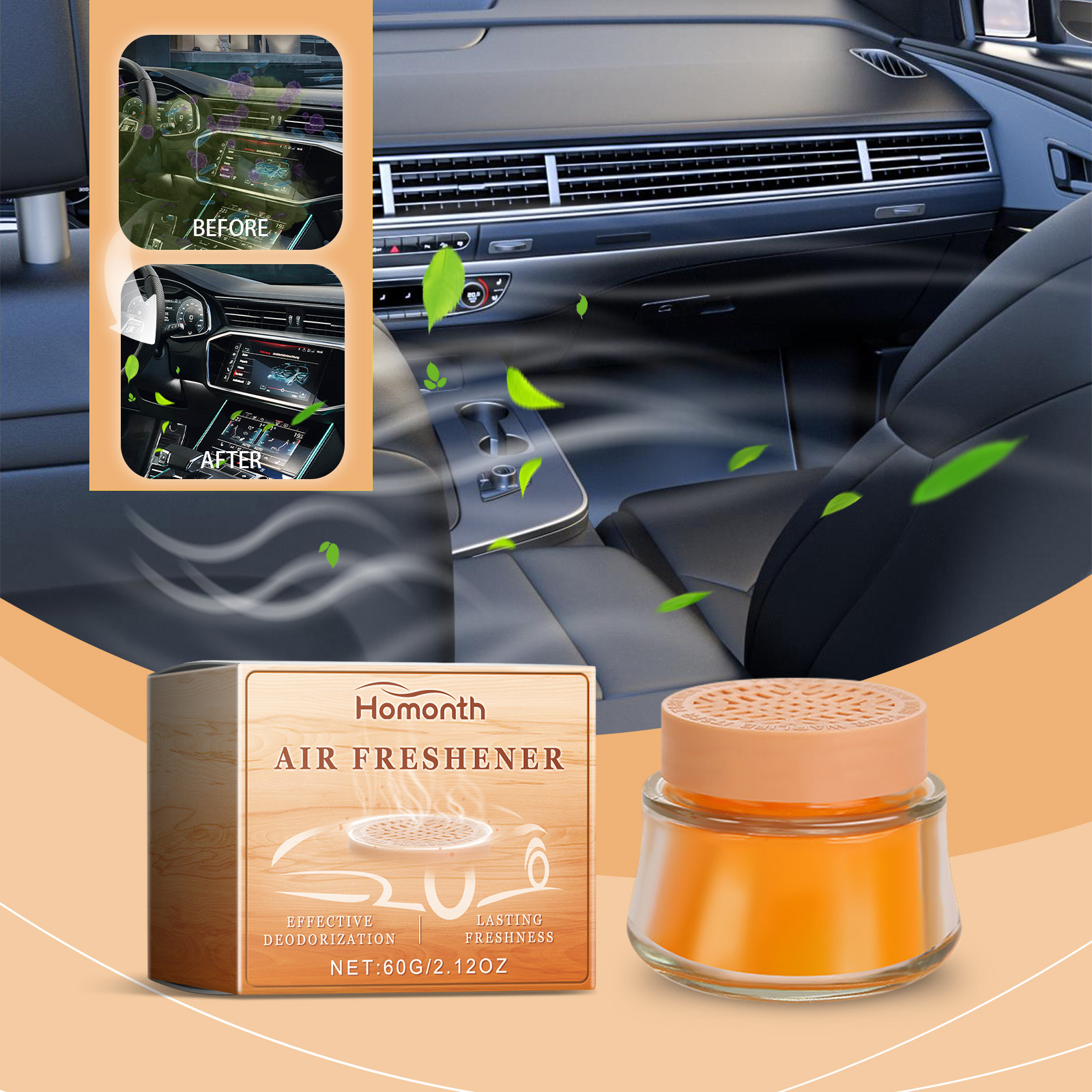 Fresh car interior with solid balm and fragrance imagery