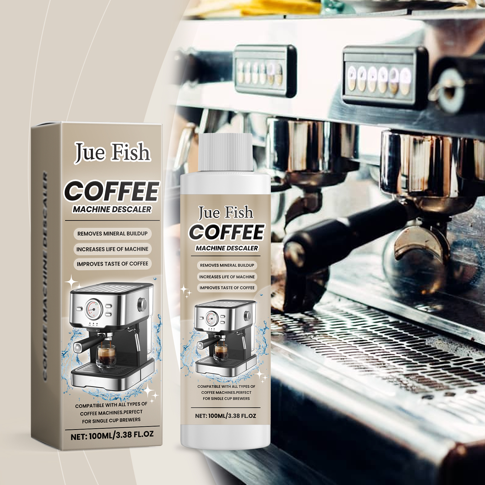 Descaler bottle beside espresso machine equipment