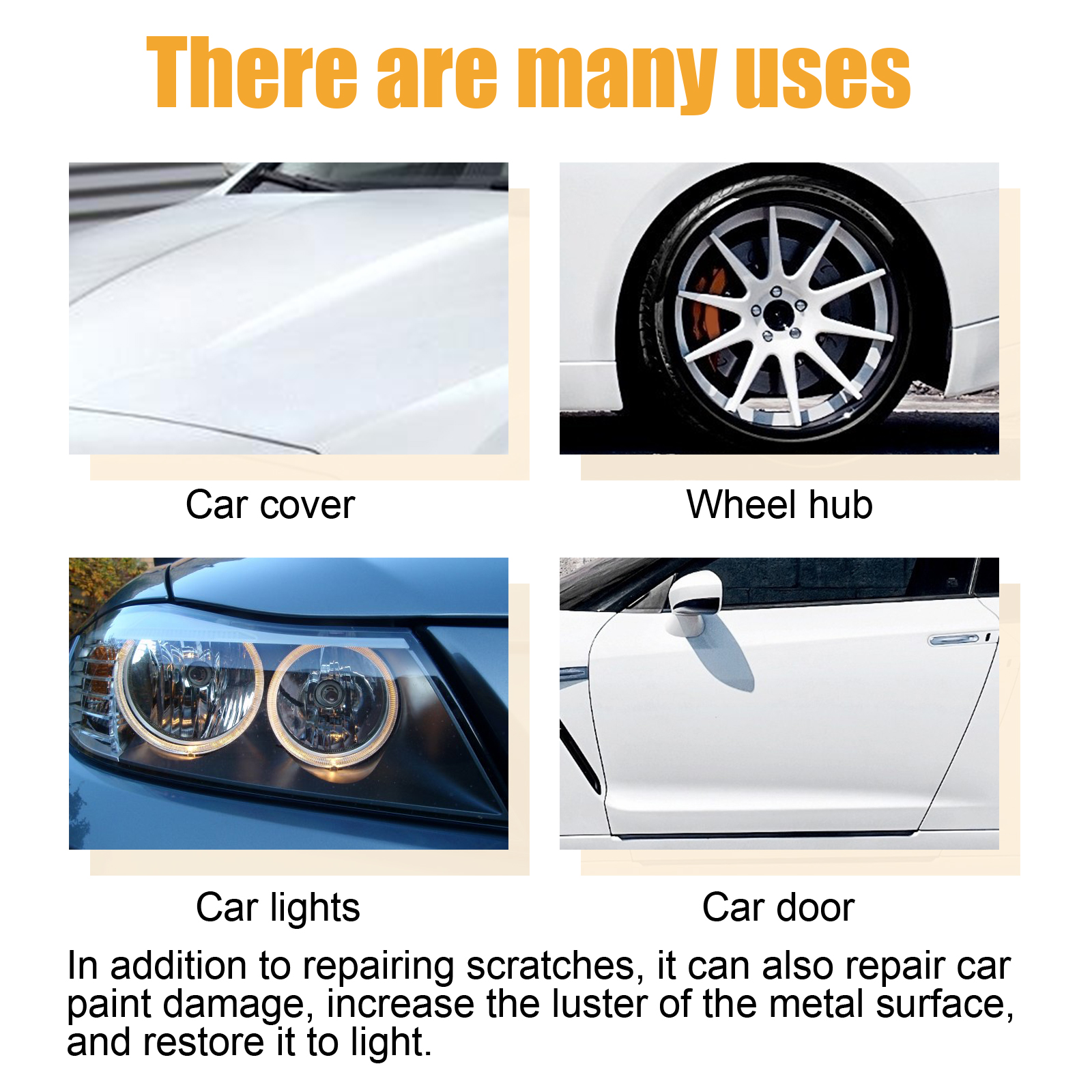 Infographic showing scratch cream used on car cover, wheel hub, lights and door