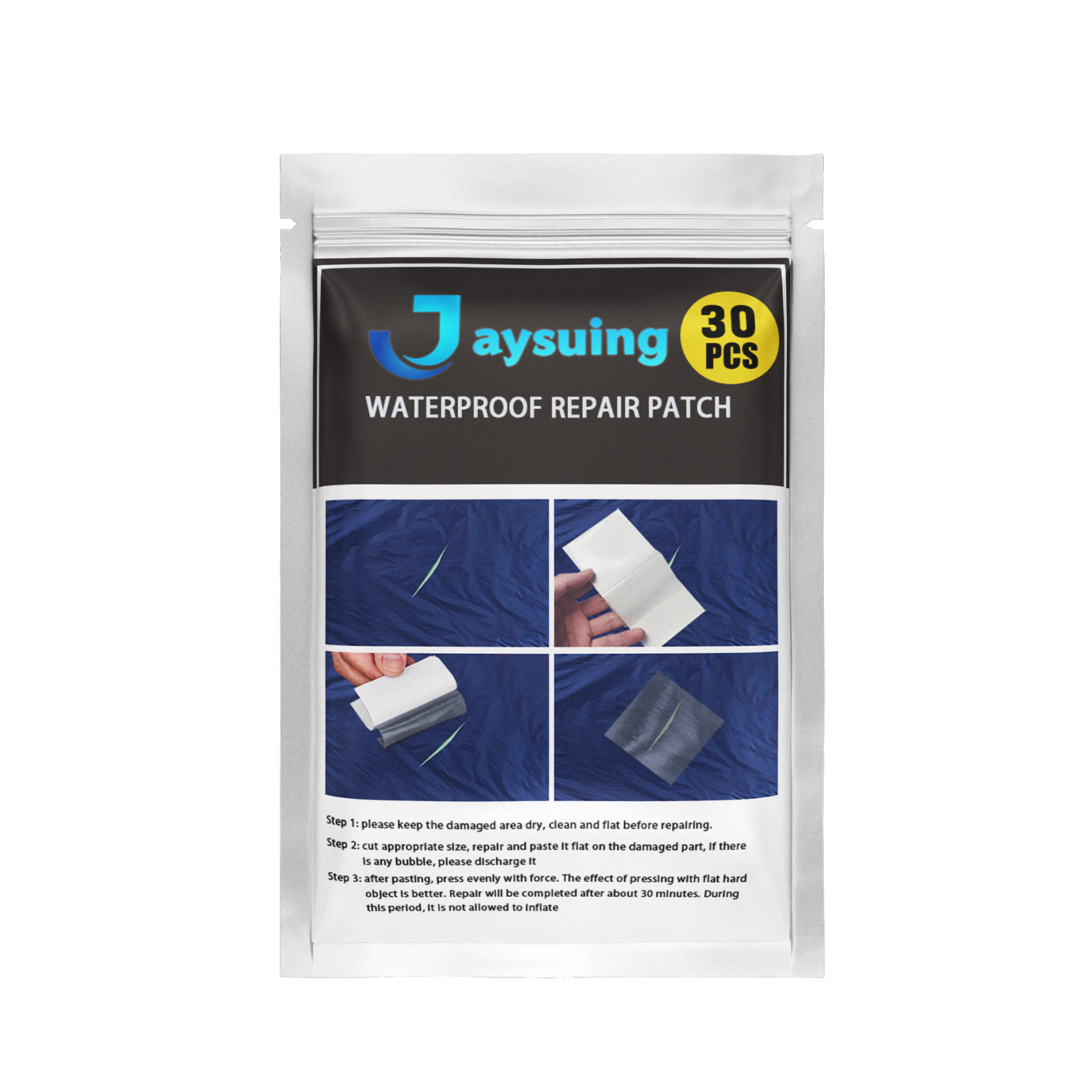 Glossy translucent repair patch packet close view