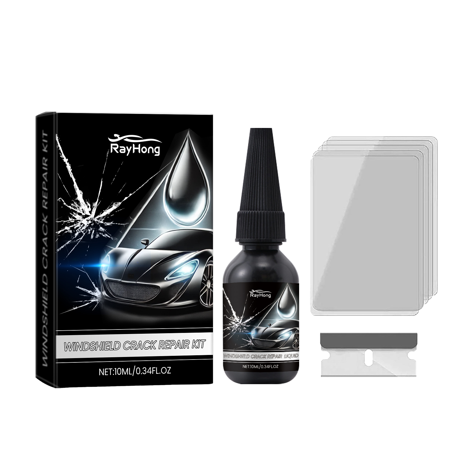 Transparent windshield repair tabs beside boxed kit