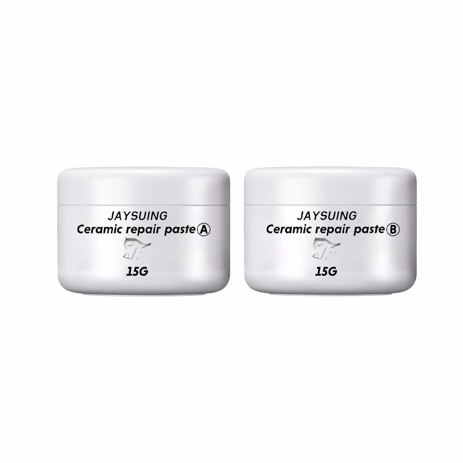 White ceramic repair jars with clear A and B labels