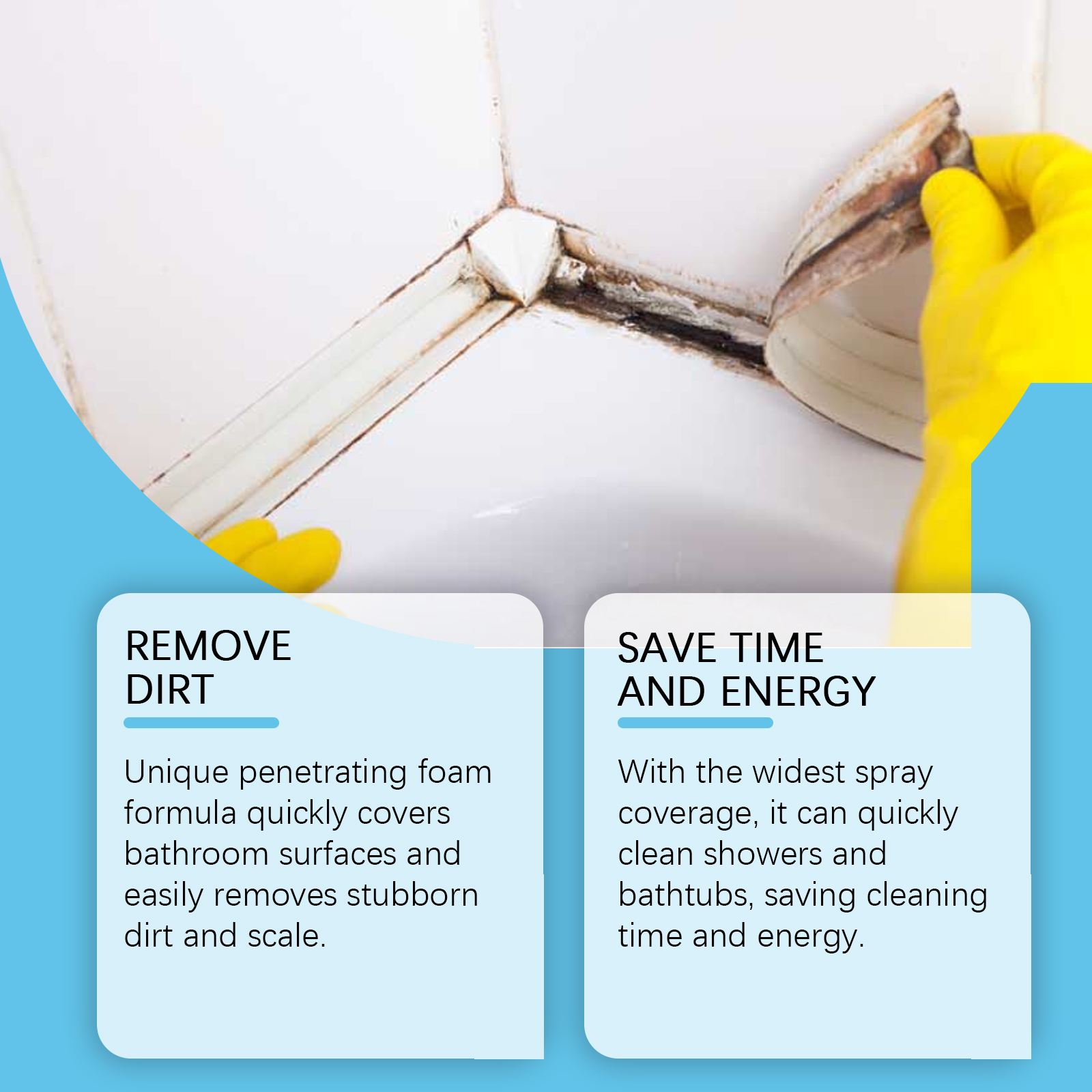 Gloved hand treating stubborn bathroom buildup