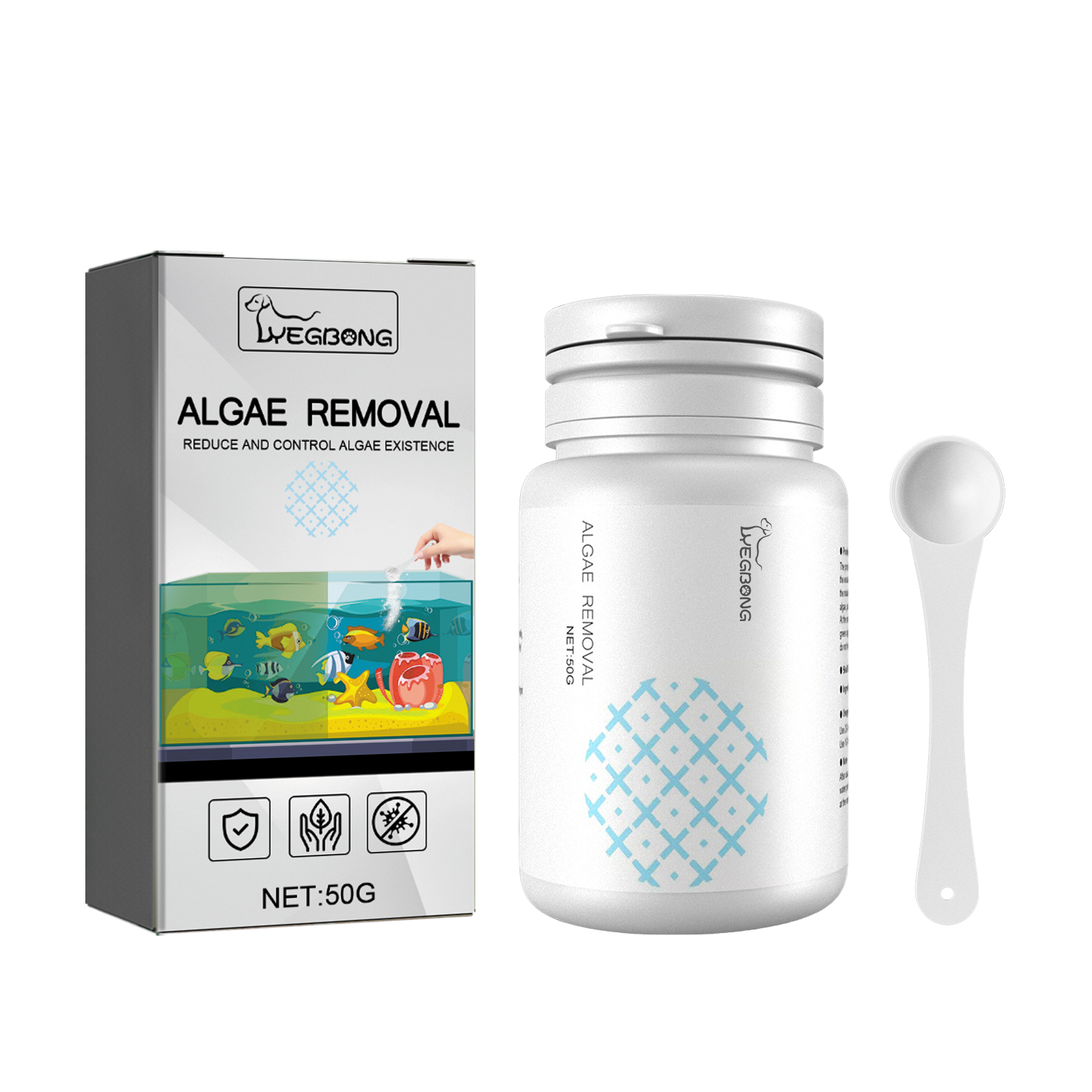 Aquarium algae treatment bottle and illustrated retail box