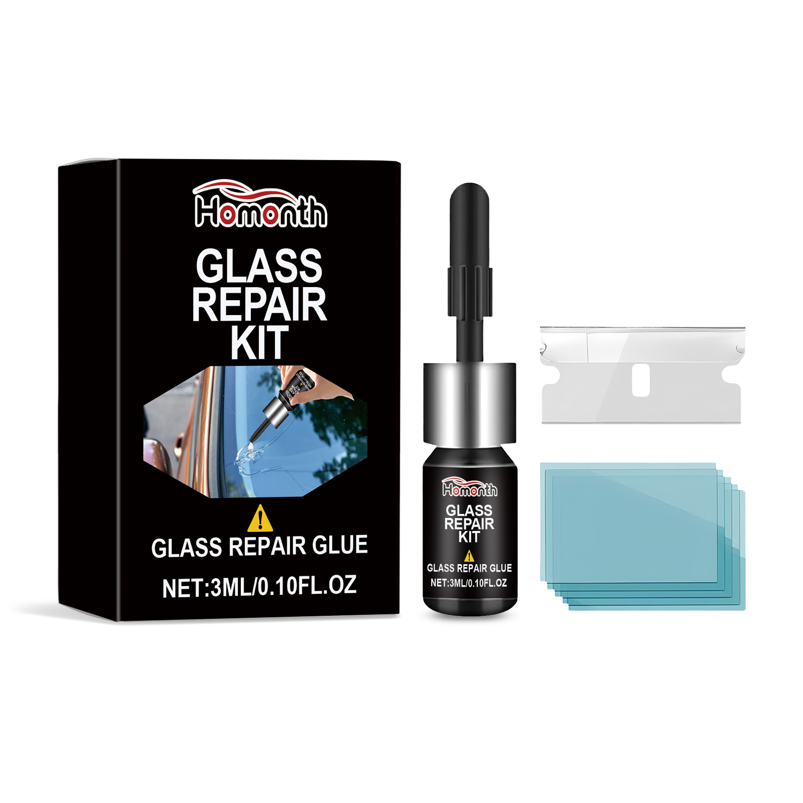 Compact boxed glass repair kit with all accessories together